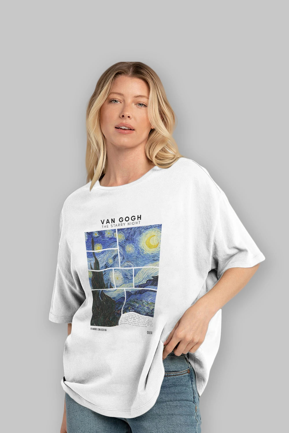 Van Gogh The Starry Night ön Baskılı Oversize t-shirt Erkek Kadın Bisiklet Yaka Pamuk tişort
