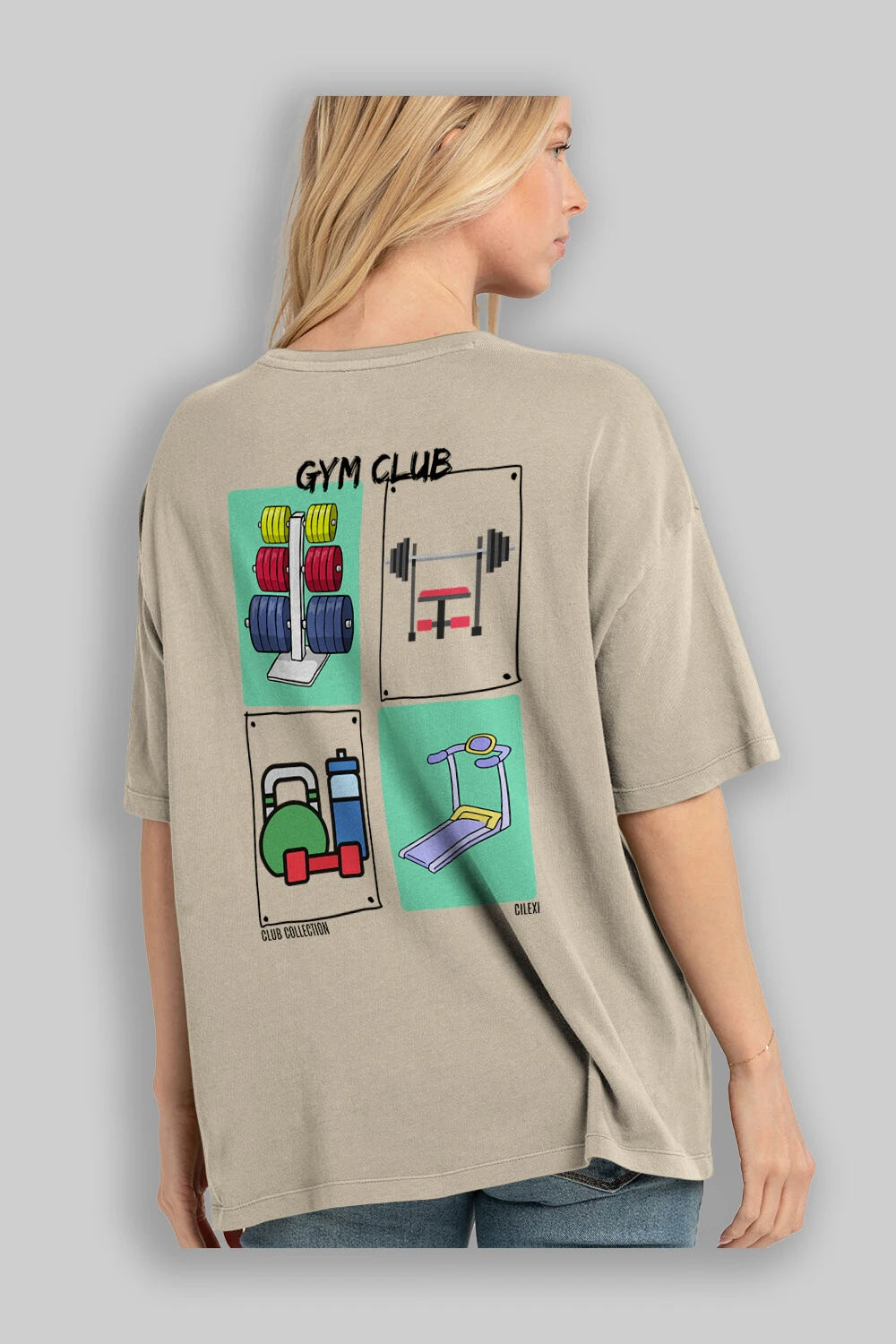 Gym Club Arka Baskılı Oversize t-shirt Erkek Kadın %100 Pamuk Bisiklet Yaka tişort