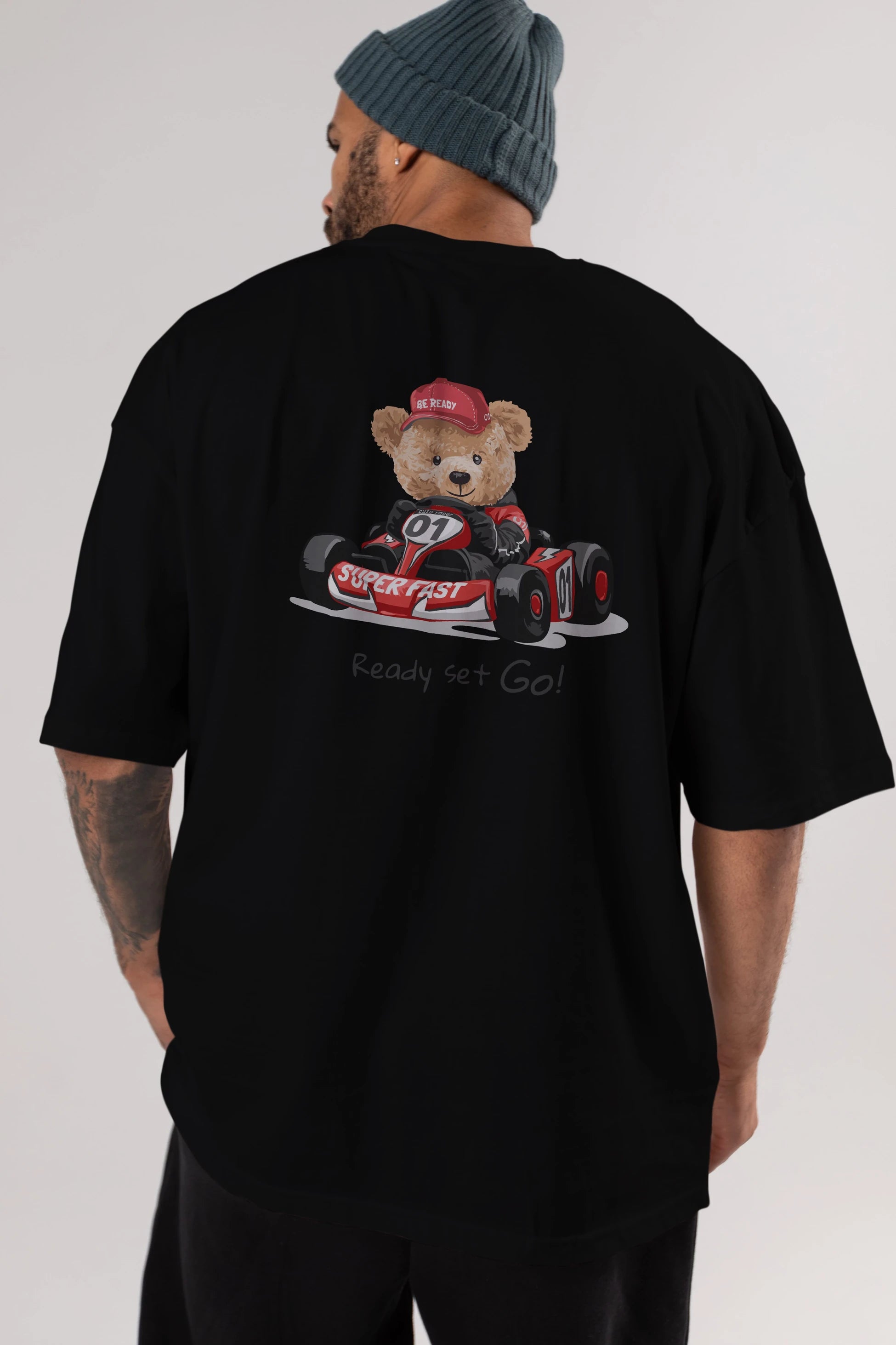 Teddy Bear Ready Set Go Arka Baskılı Oversize t-shirt Erkek Kadın Unisex %100 Pamuk
