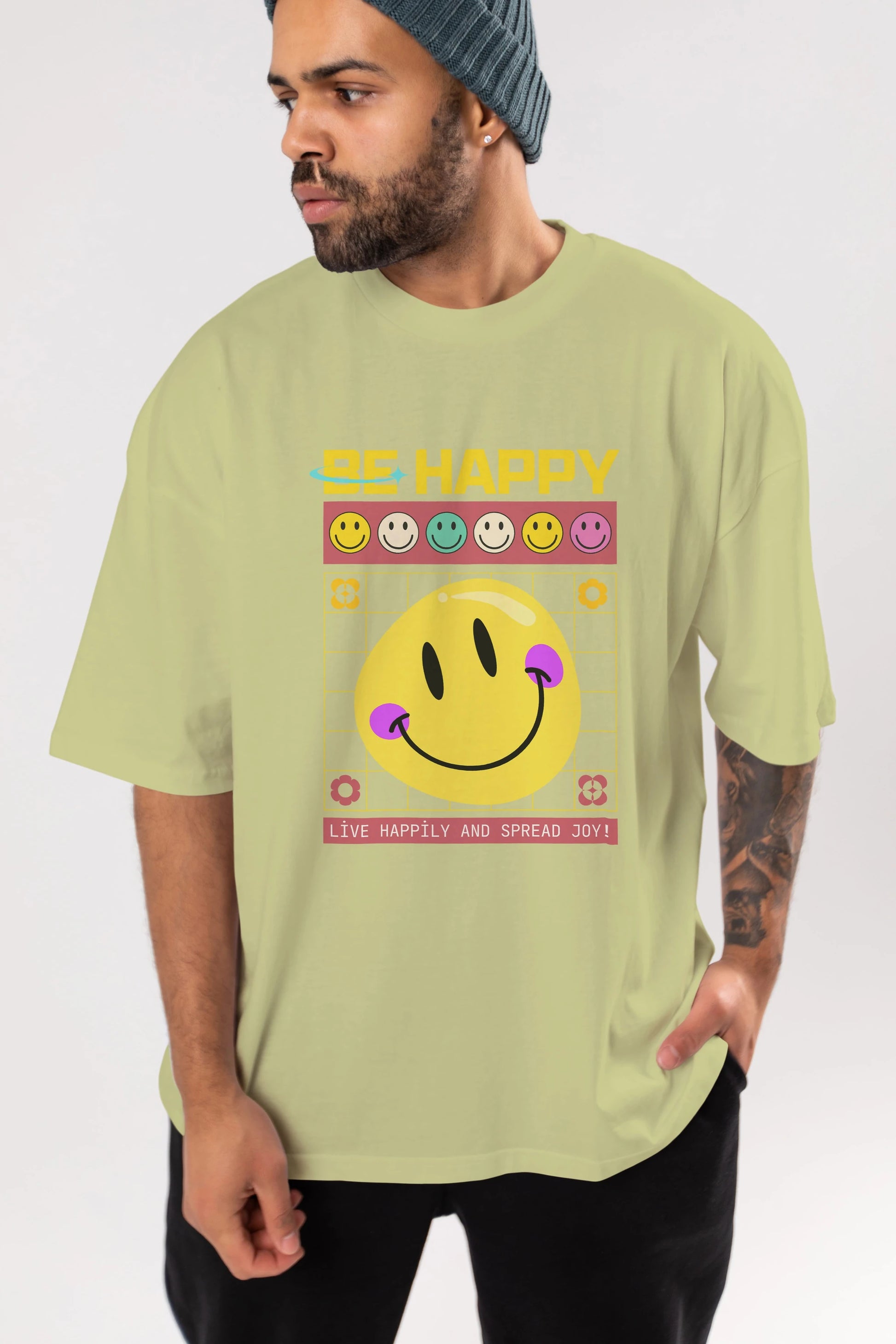Be Happy Yazılı Ön Baskılı Oversize t-shirt Erkek Kadın Unisex
