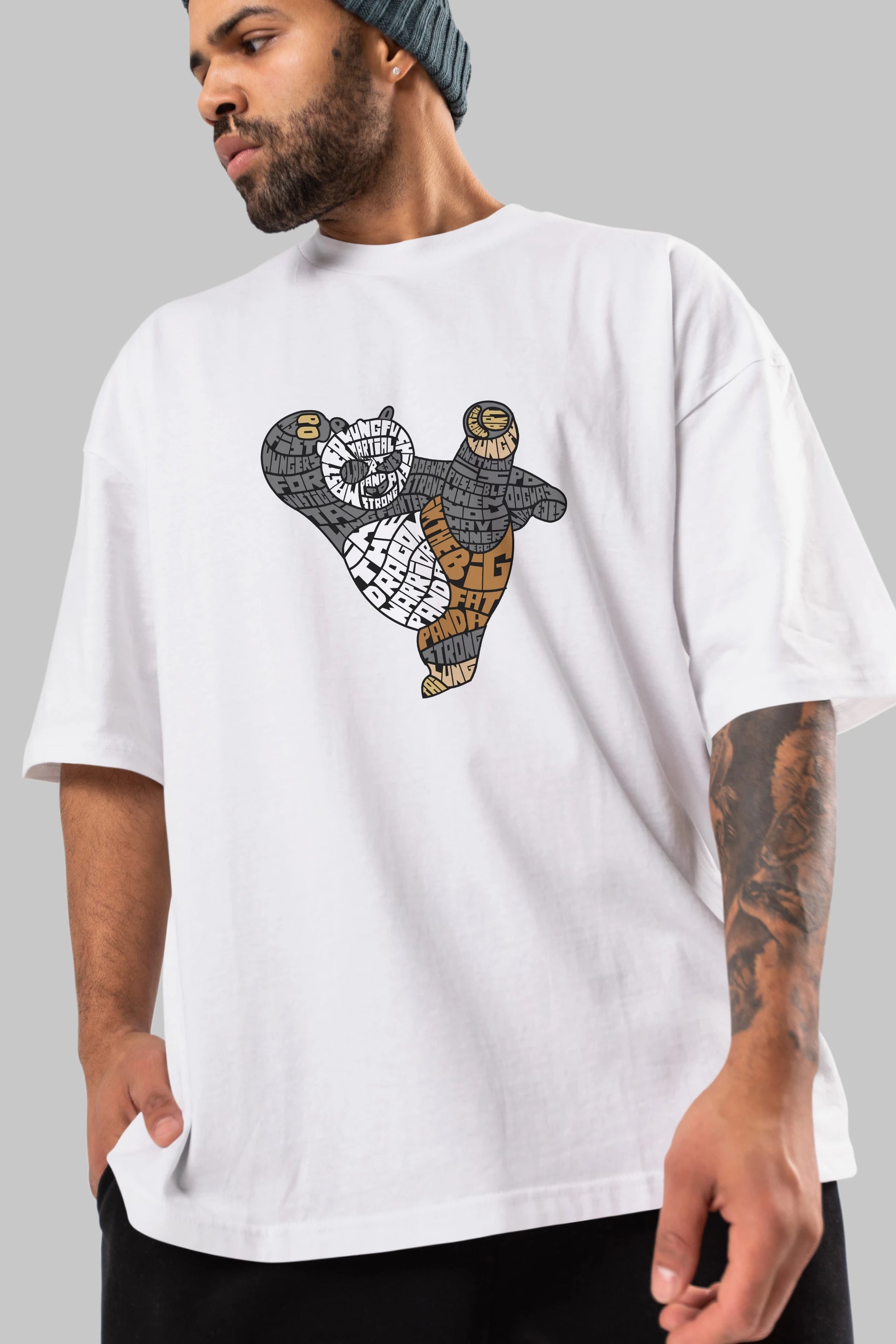 Warrior Panda Ön Baskılı Oversize t-shirt %100 pamuk Erkek Kadın Unisex