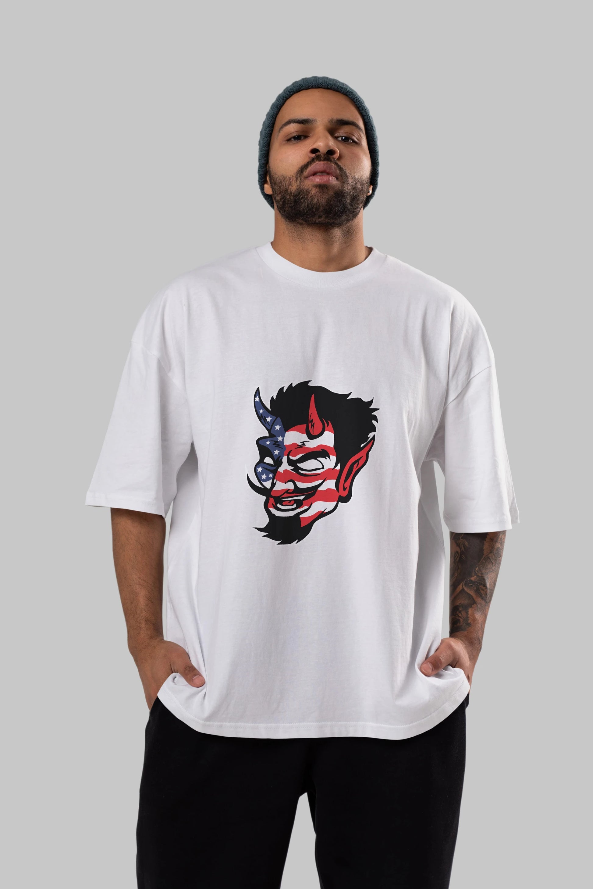 American Devil Ön Baskılı Oversize t-shirt Erkek Kadın Unisex %100 Pamuk tişort