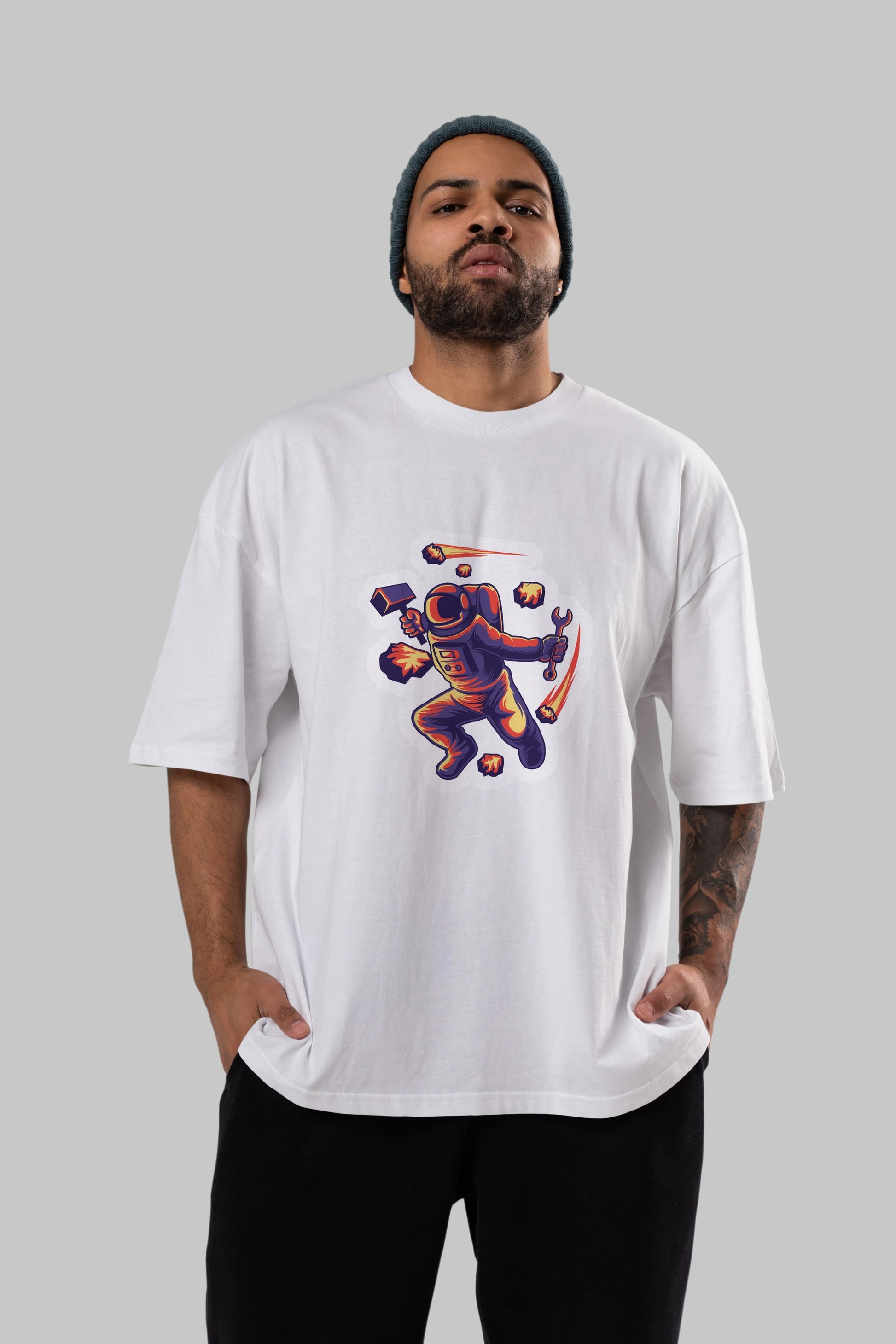 Astronaut Block Meteor Sticker Ön Baskılı Oversize t-shirt Erkek Kadın Unisex