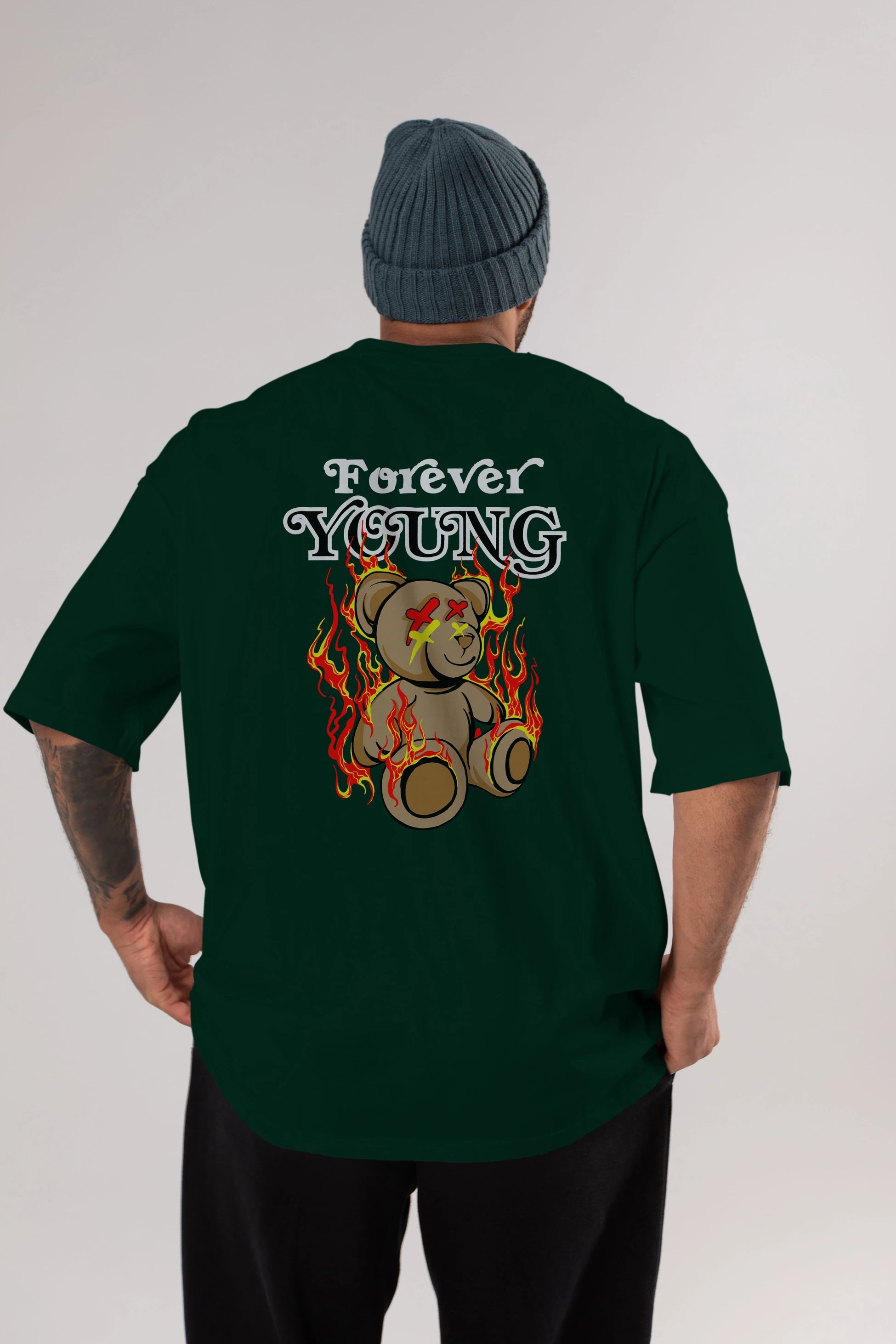 Forever Young Bear Arka Baskılı Oversize t-shirt Erkek Kadın Unisex