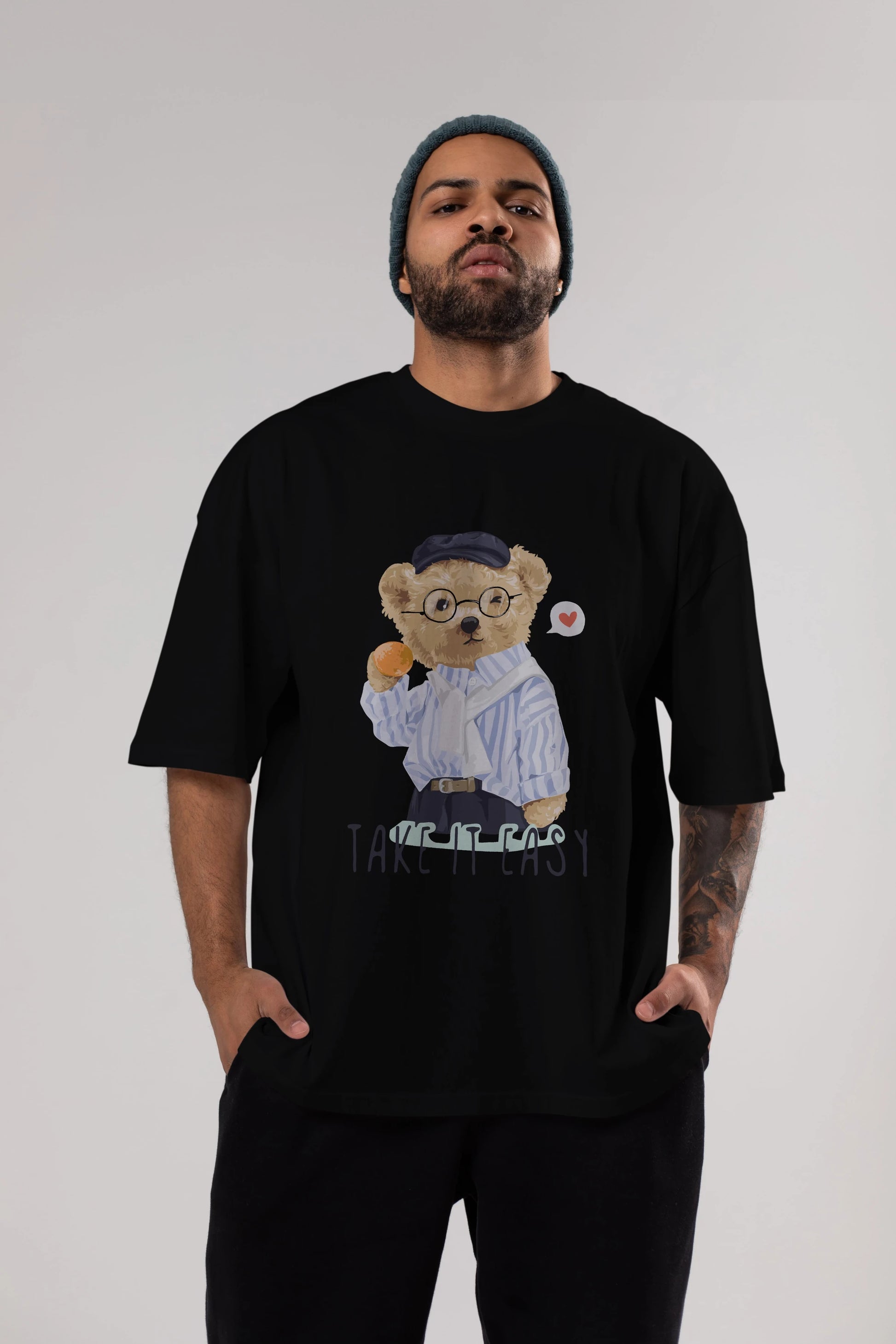 Teddy Bear Take it Easy Ön Baskılı Oversize t-shirt Erkek Kadın Unisex %100 Pamuk