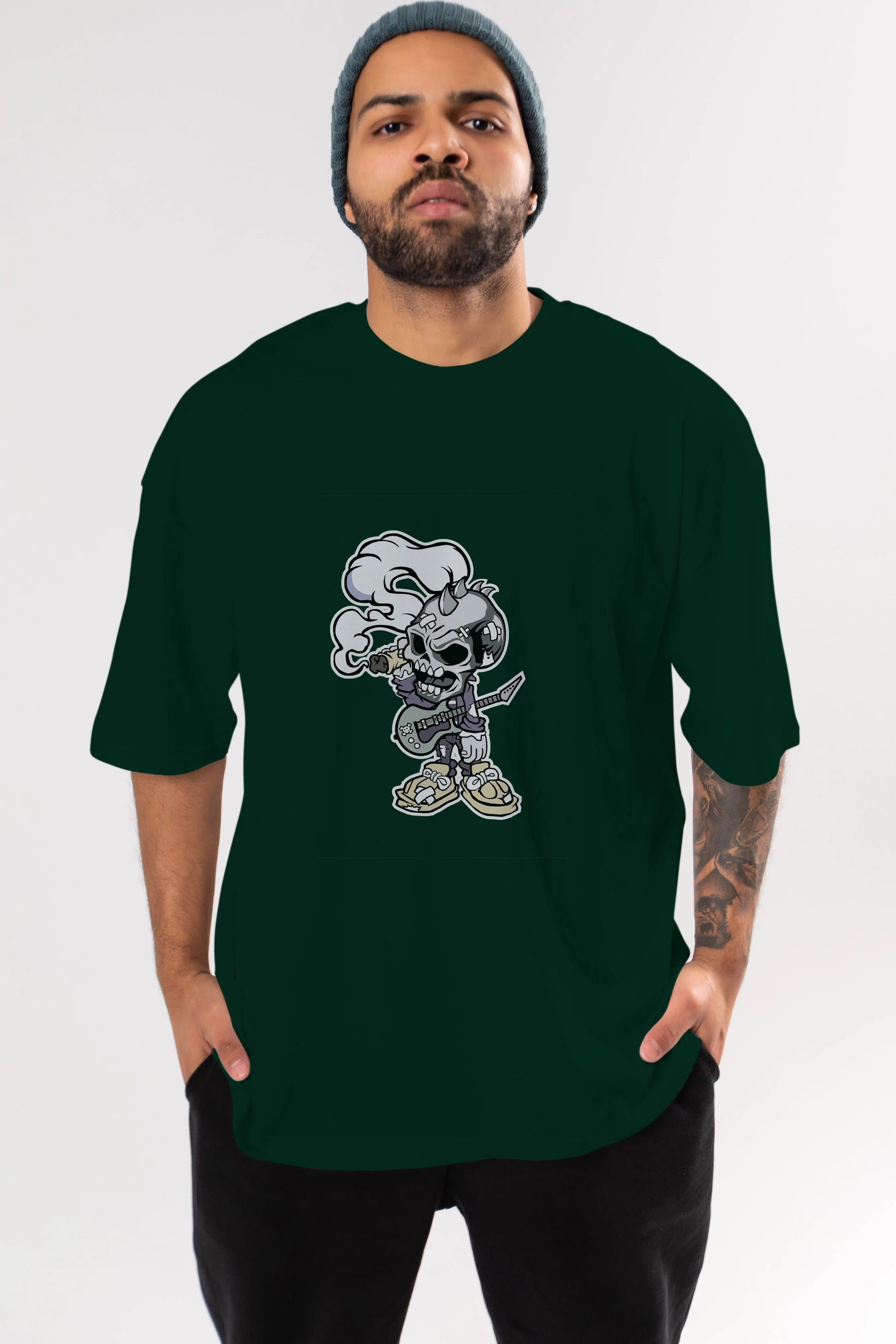 Skull Smoker Punk Rocker Ön Baskılı Oversize t-shirt Erkek Kadın Unisex %100 Pamuk tişort