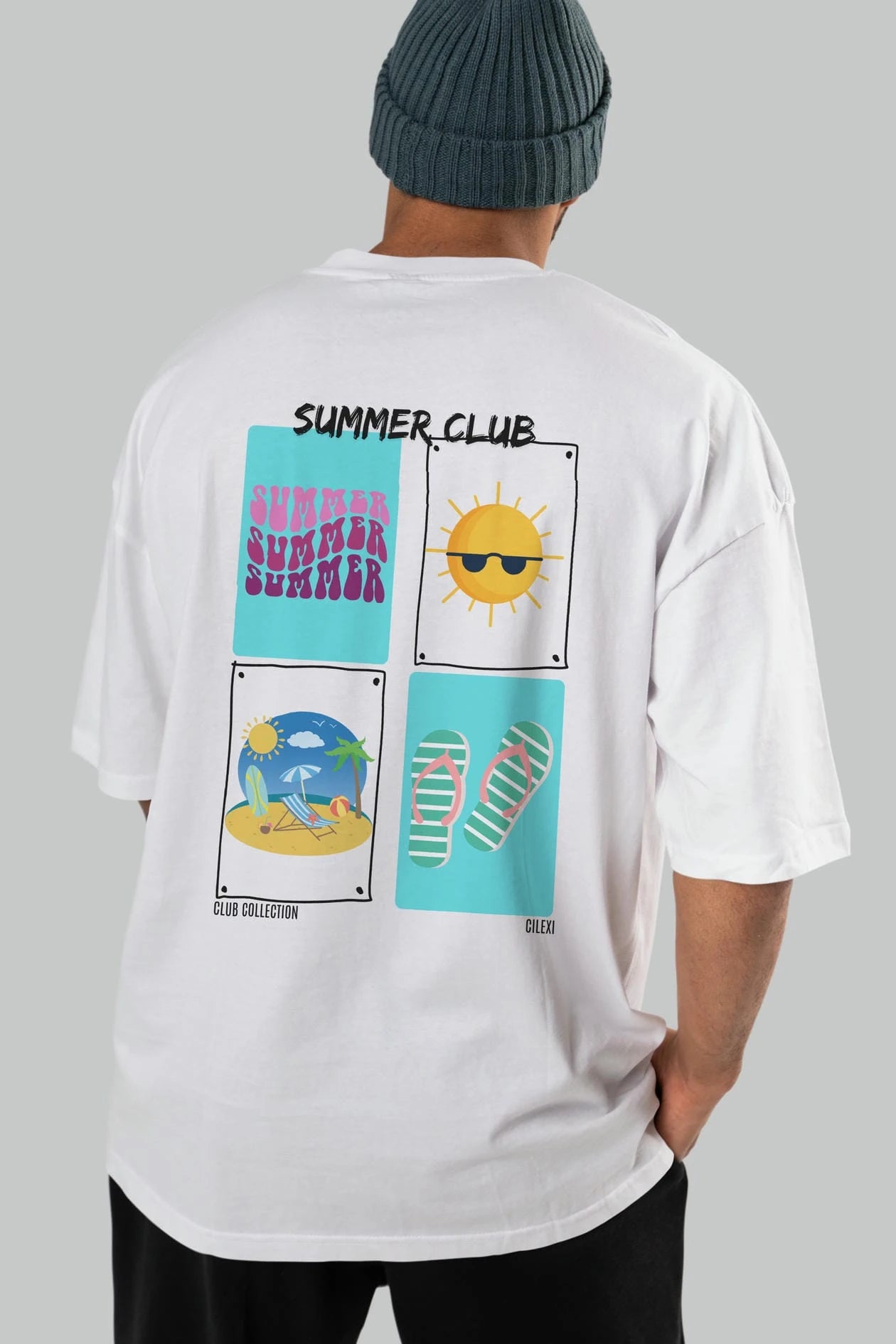 Summer Club Arka Baskılı Oversize t-shirt Erkek Kadın %100 Pamuk Bisiklet Yaka tişort