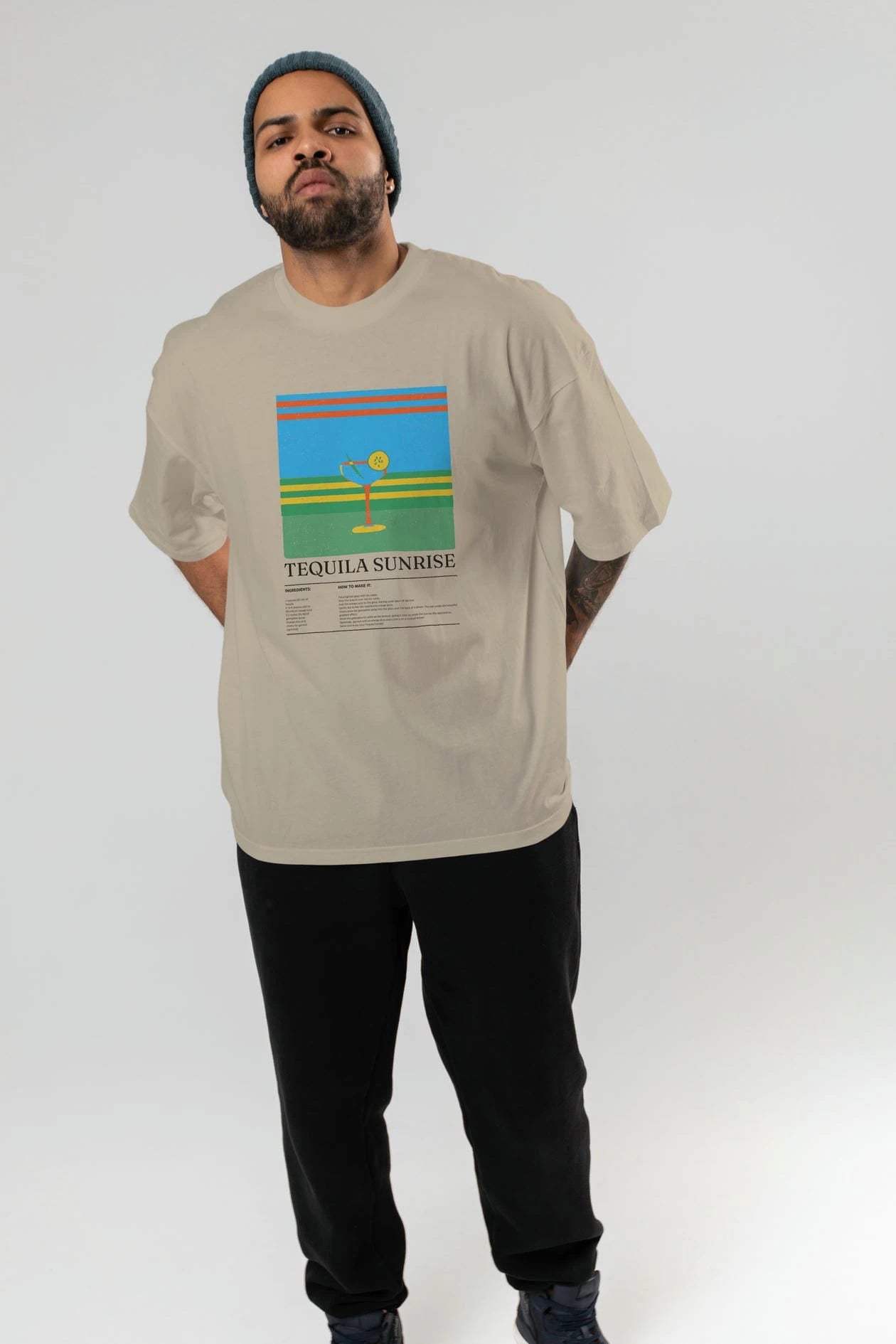 Tequila Sunrise Kokteyl Ön Baskılı Oversize t-shirt Erkek Kadın %100 Pamuk Bisiklet Yaka tişort