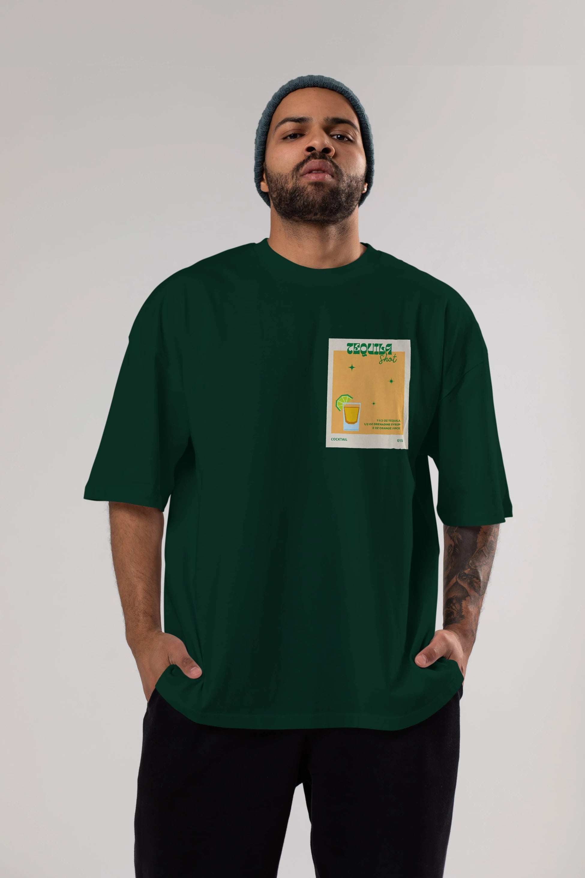 Tequila Shot 2 Ön Sol Baskılı Oversize t-shirt Erkek Kadın Unisex %100 Pamuk Bisiklet Yaka tişort