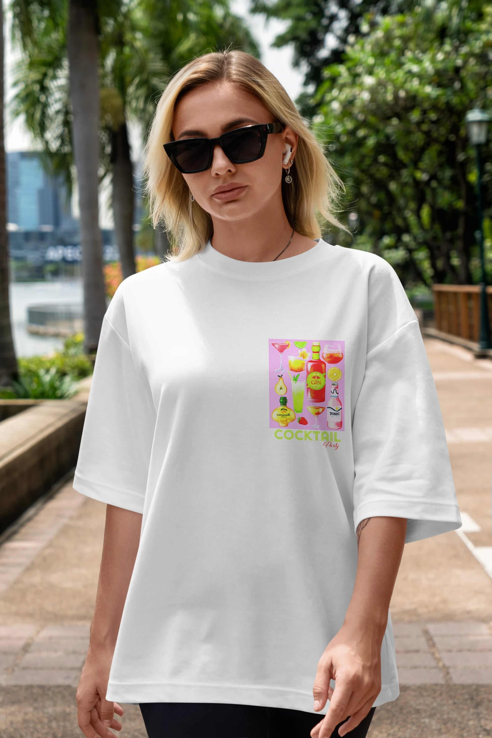 Cocktail Party Ön Sol Baskılı Oversize t-shirt Erkek Kadın Unisex %100 Pamuk Bisiklet Yaka tişort