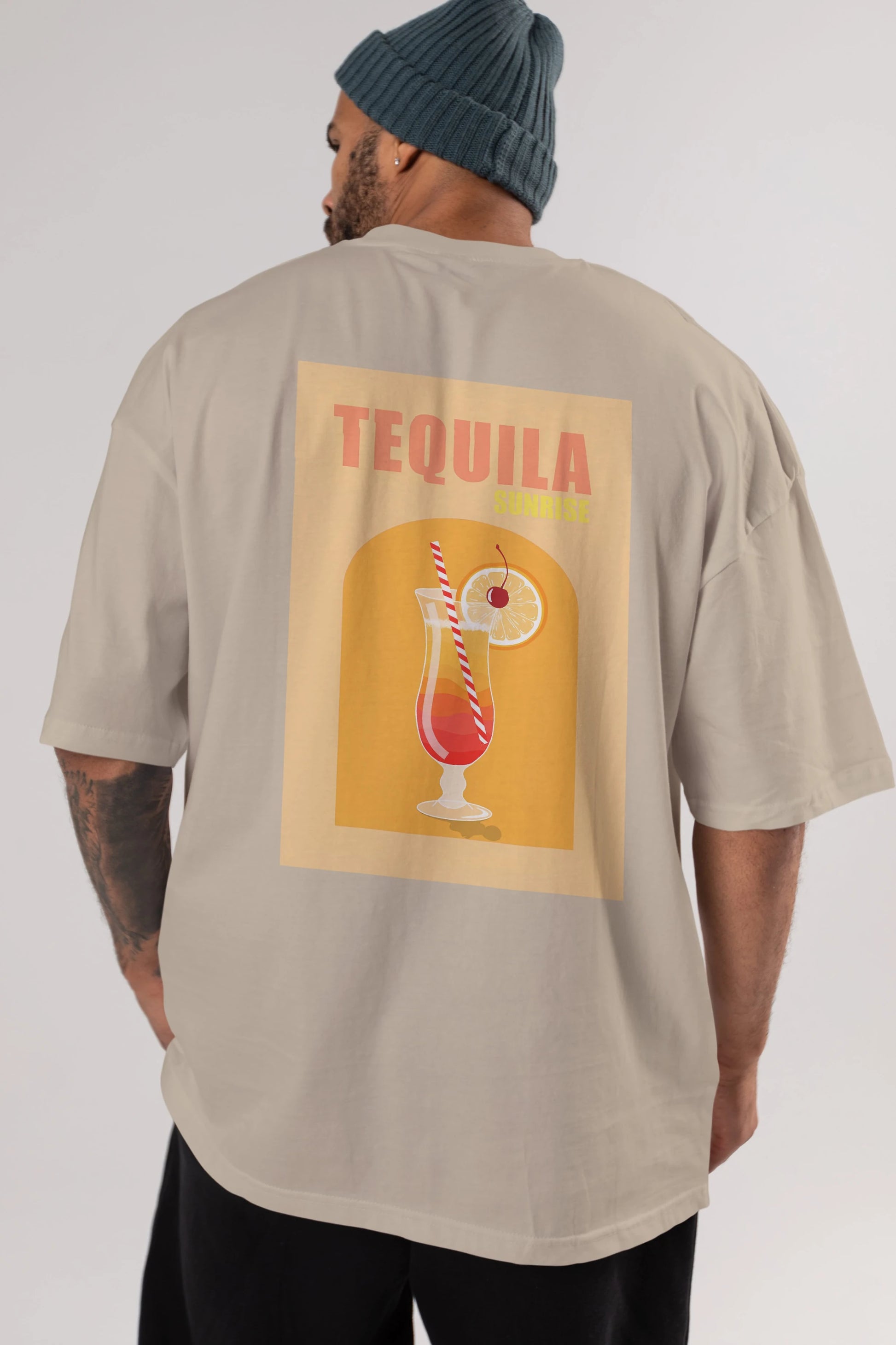 Tequila Sunrise Arka Baskılı Oversize t-shirt Erkek Kadın Unisex %100 Pamuk Bisiklet Yaka tişort