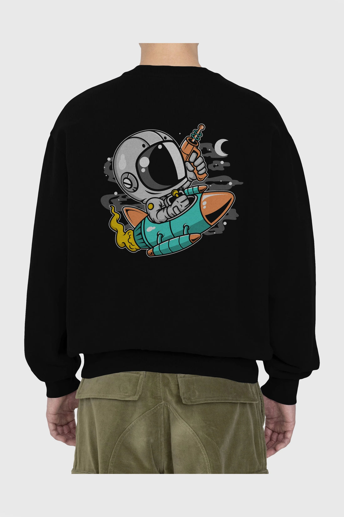 Astronaut Riding Rocket Arka Baskılı Oversize Sweatshirt Erkek Kadın Unisex