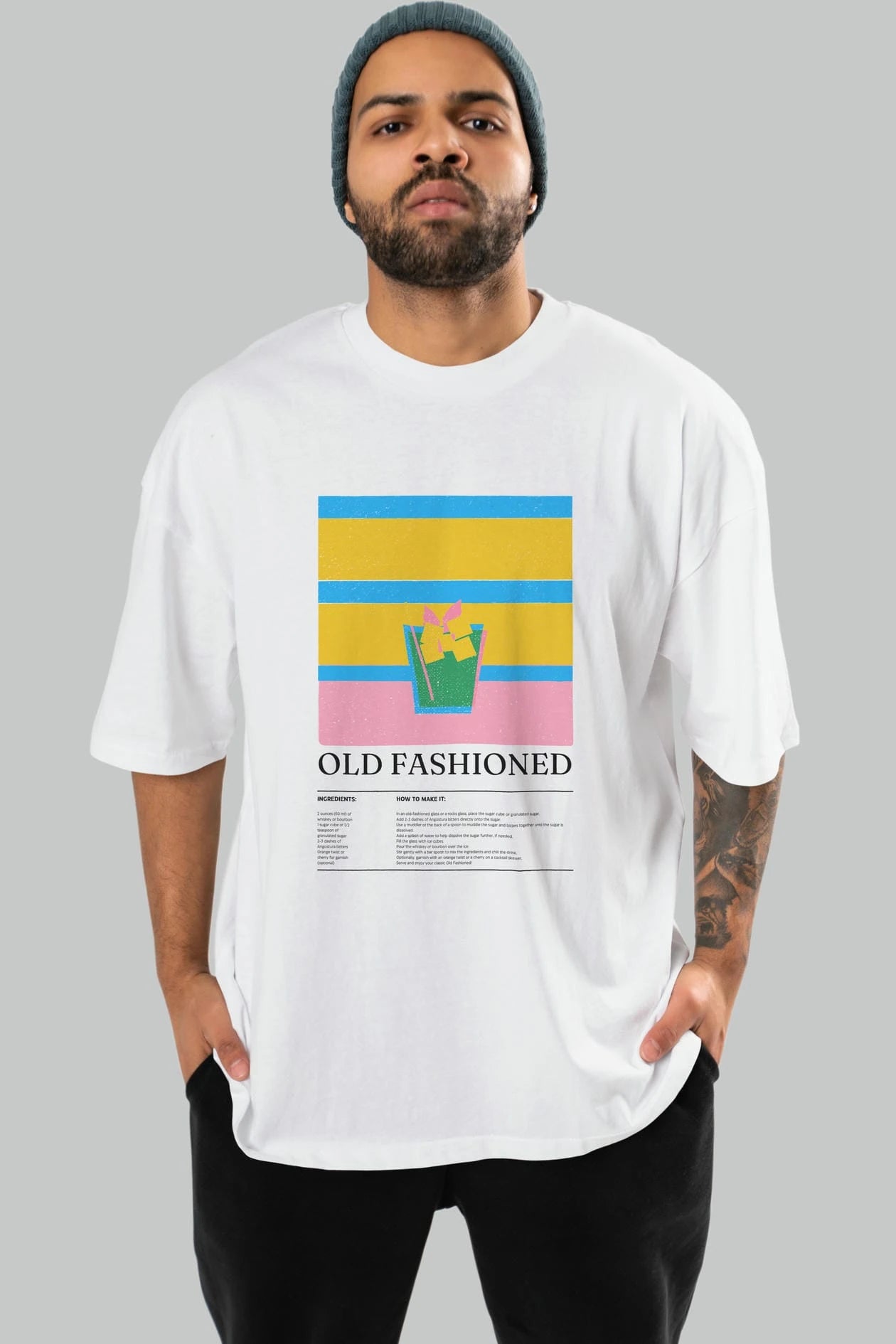 Old Fashioned Kokteyl Ön Baskılı Oversize t-shirt Erkek Kadın %100 Pamuk Bisiklet Yaka tişort