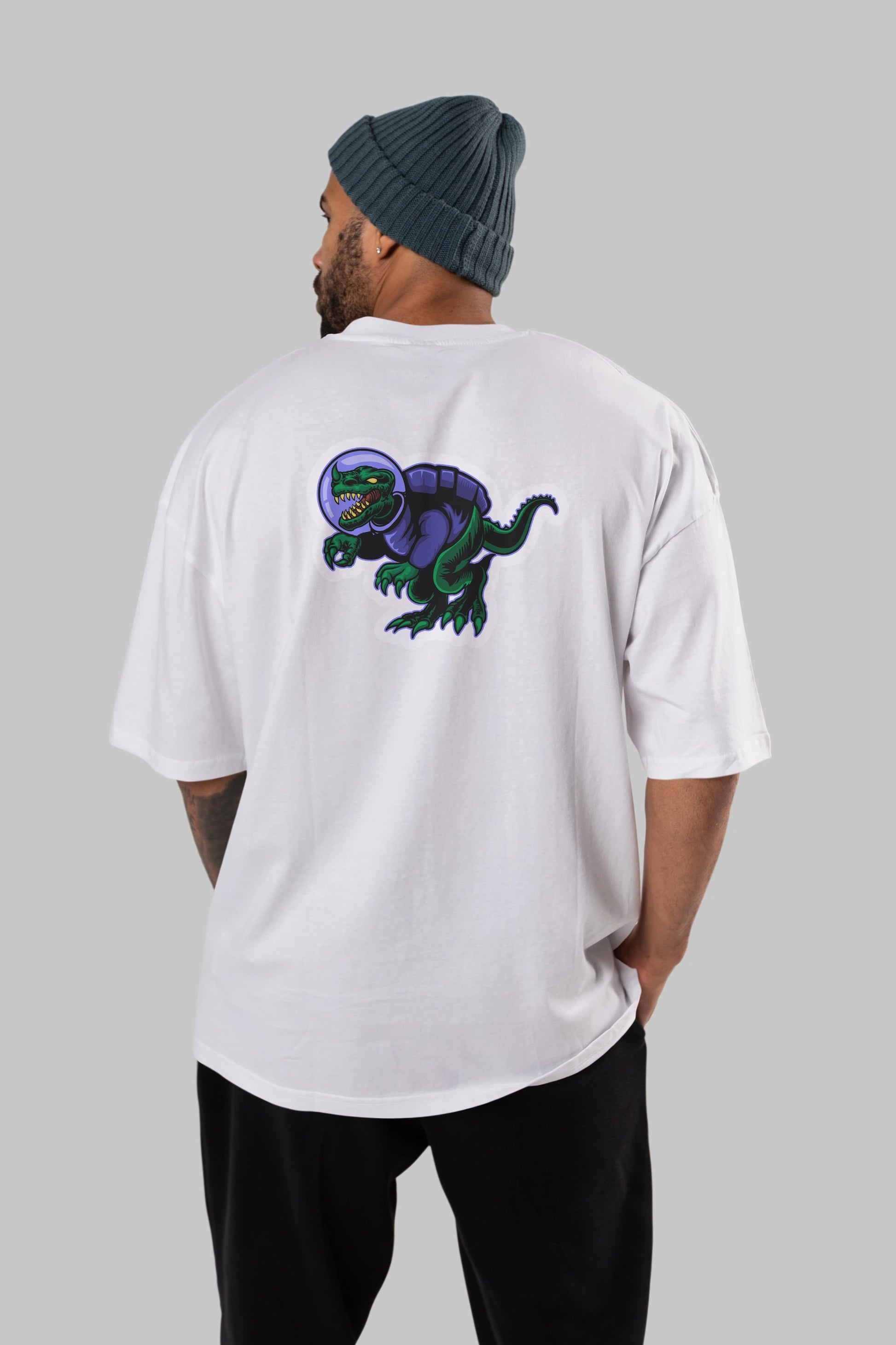 Space Dino Sticker Arka Baskılı Oversize t-shirt Erkek Kadın Unisex
