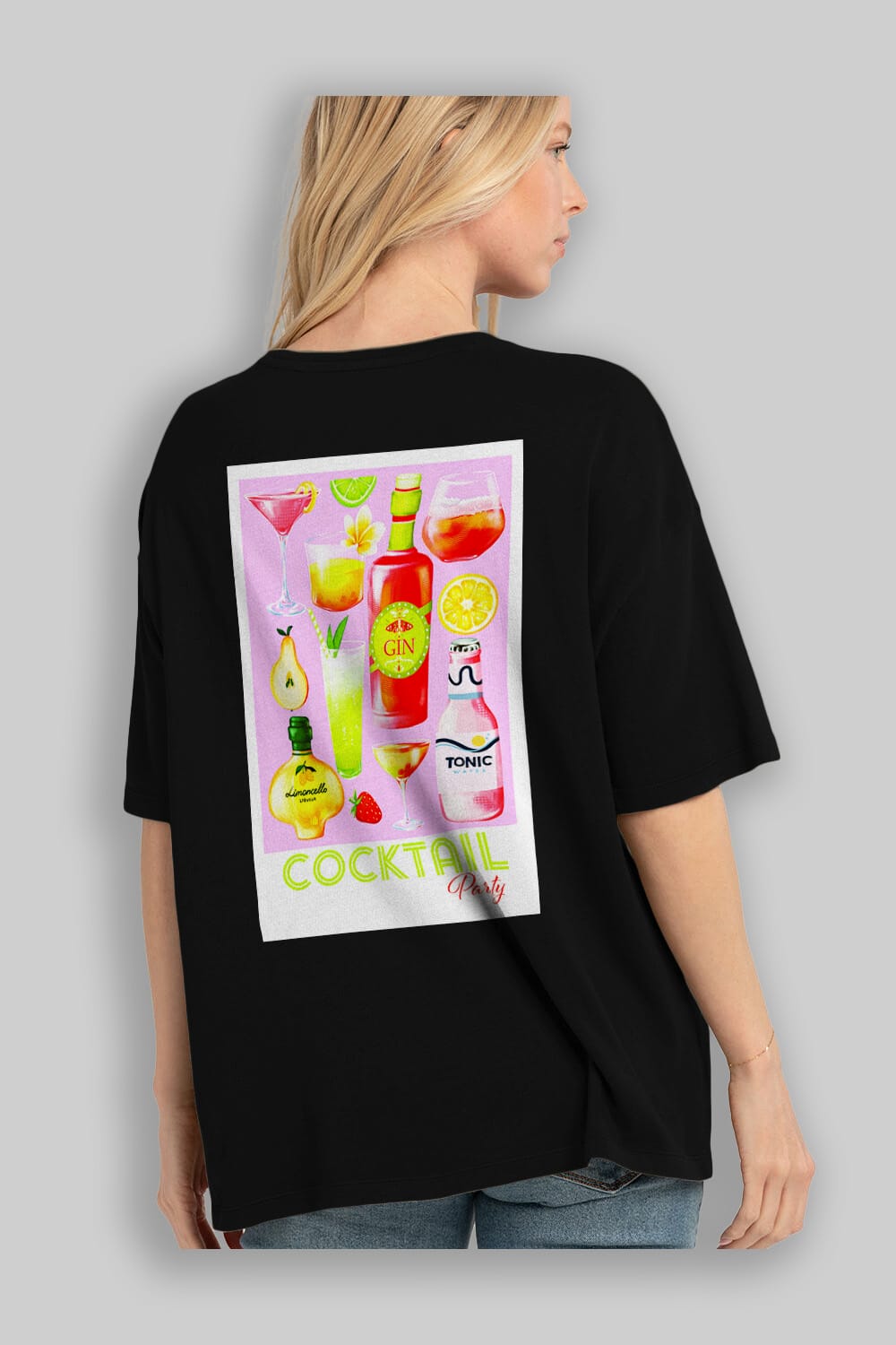 Cocktail Party Arka Baskılı Oversize t-shirt Erkek Kadın Unisex %100 Pamuk Bisiklet Yaka tişort