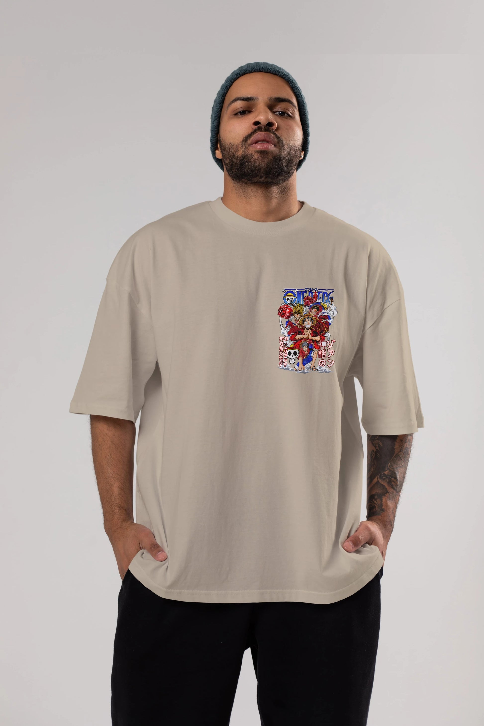 MONKEY D. LUFF-ONE PIECE 2 Ön Sol Baskılı Oversize t-shirt Erkek Kadın Unisex %100 Pamuk Bisiklet Yaka tişort