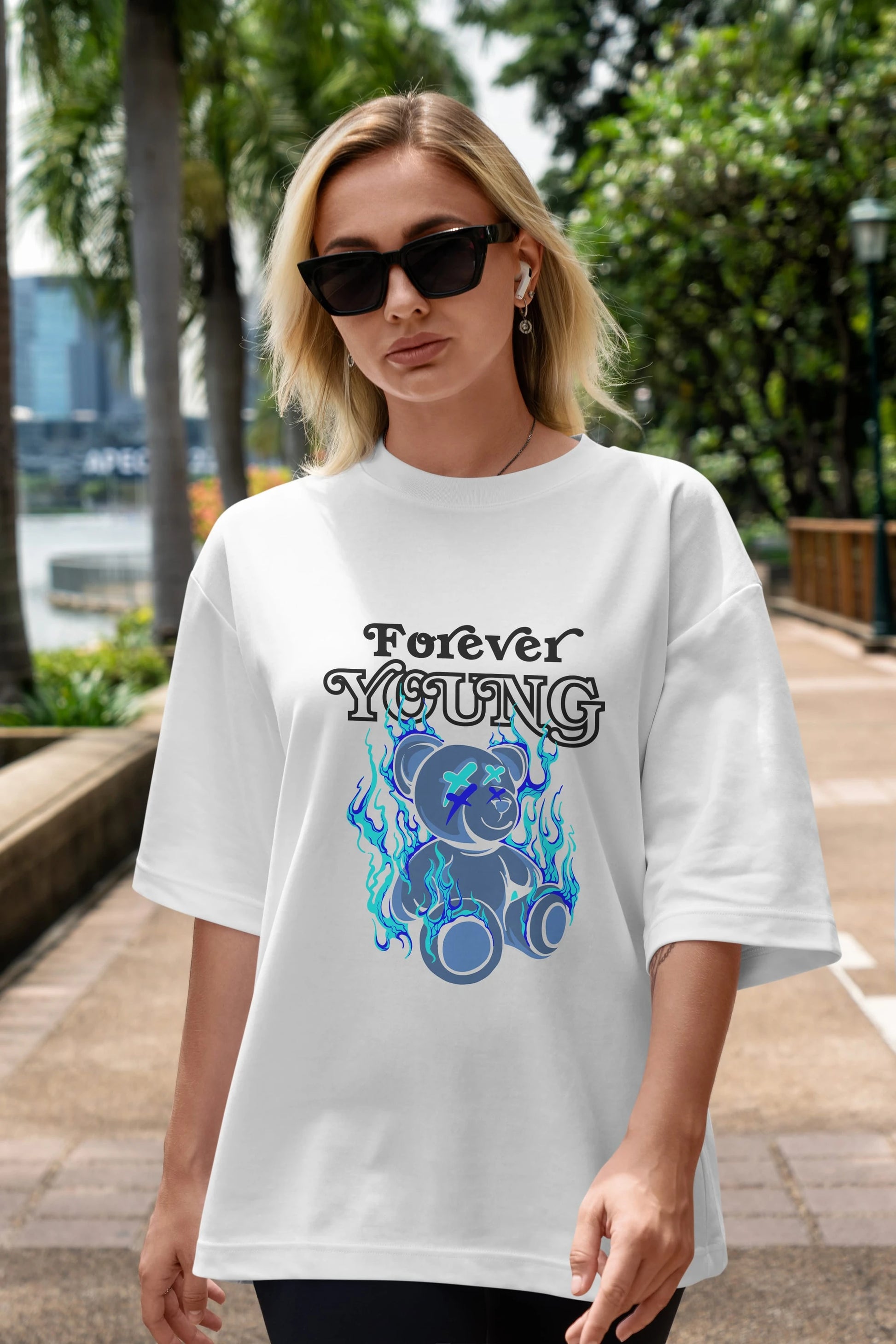 Forever Young Bear Ön Baskılı Oversize t-shirt Erkek Kadın Unisex