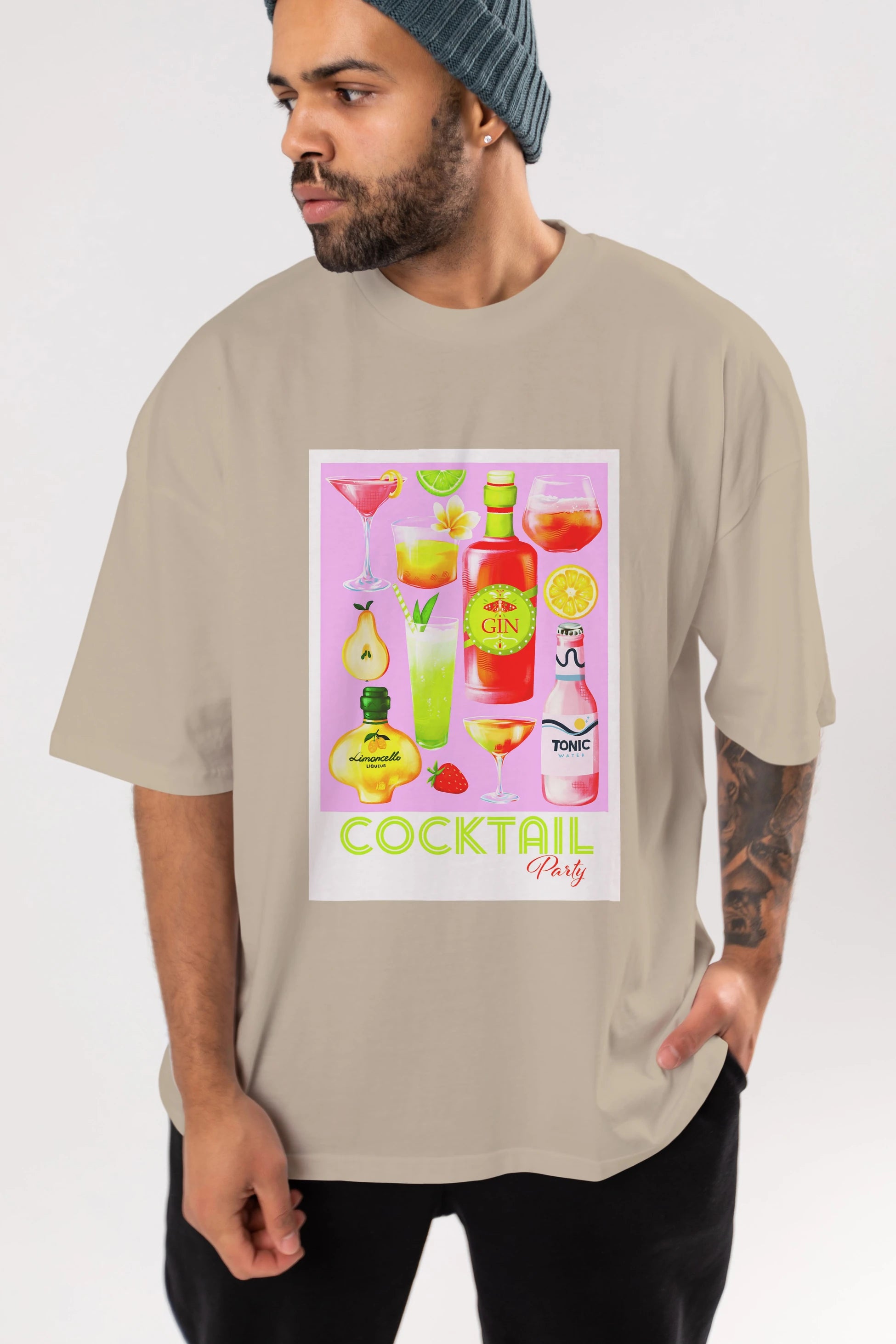 Cocktail Party Ön Baskılı Oversize t-shirt Erkek Kadın Unisex %100 Pamuk Bisiklet Yaka tişort