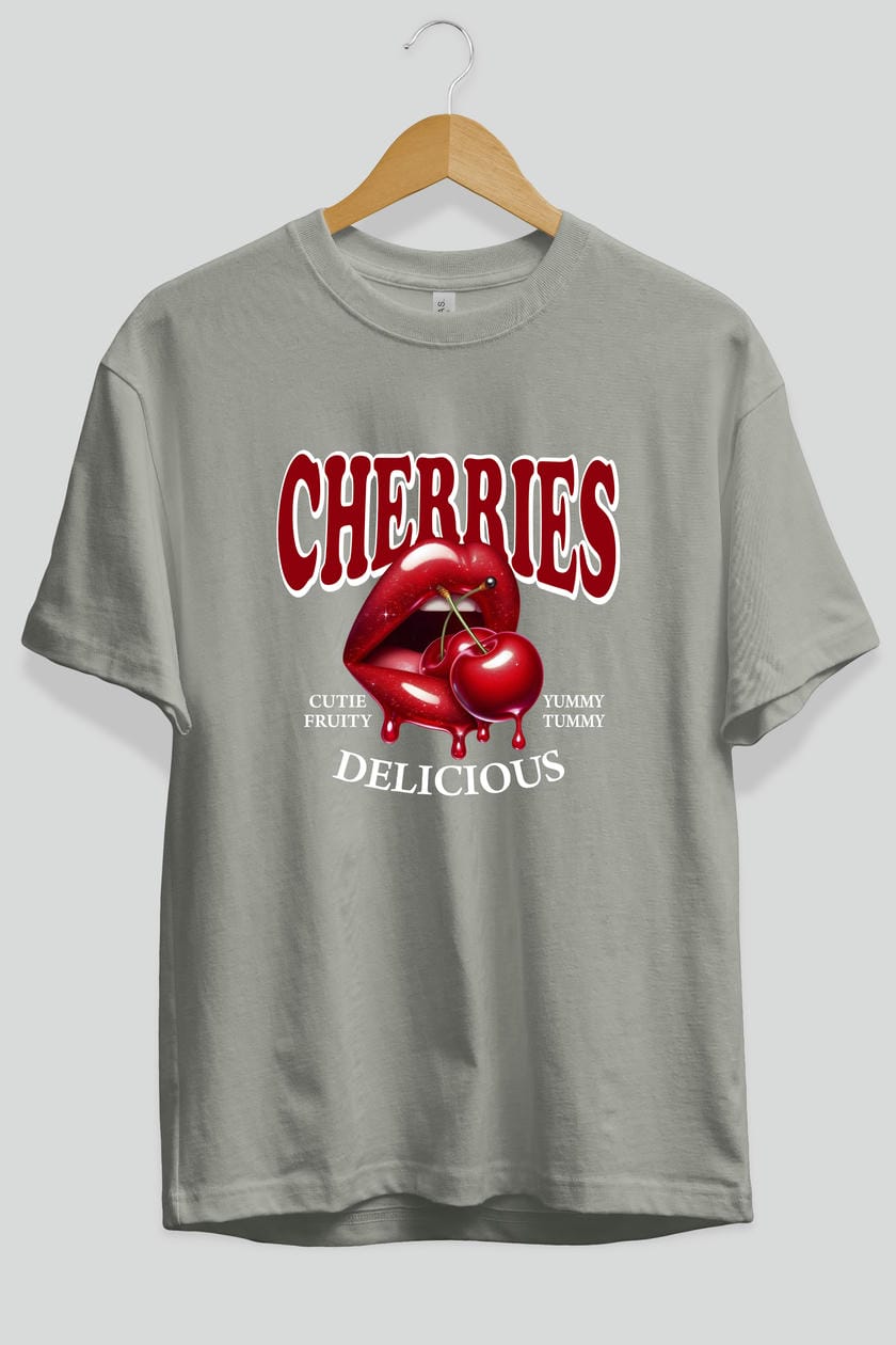Cherry Cherries 2 Ön Baskılı Oversize t-shirt Erkek Kadın Pamuk Bisiklet Yaka tişort