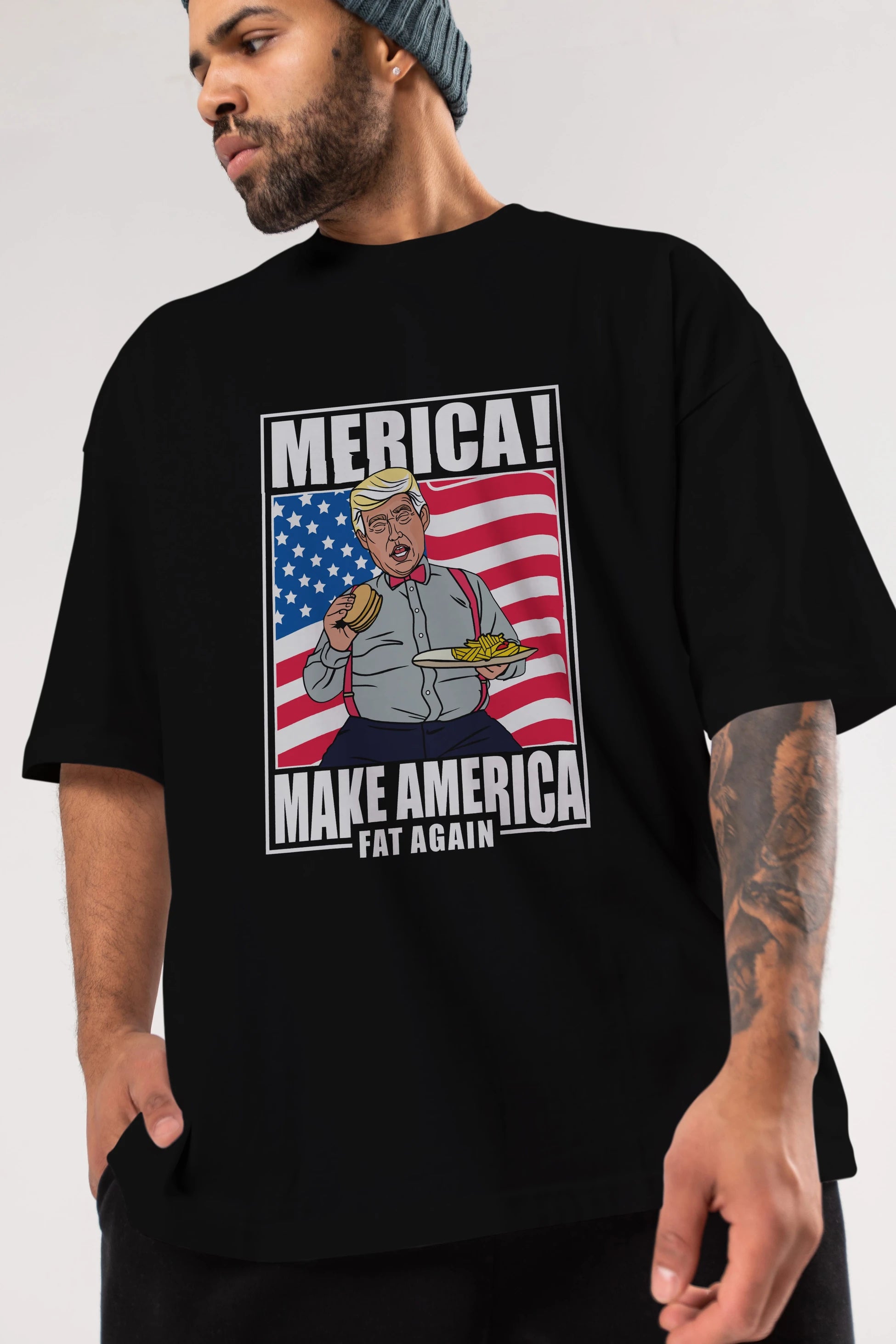 Trump Burger Ön Baskılı Oversize t-shirt Erkek Kadın Unisex %100 Pamuk tişort