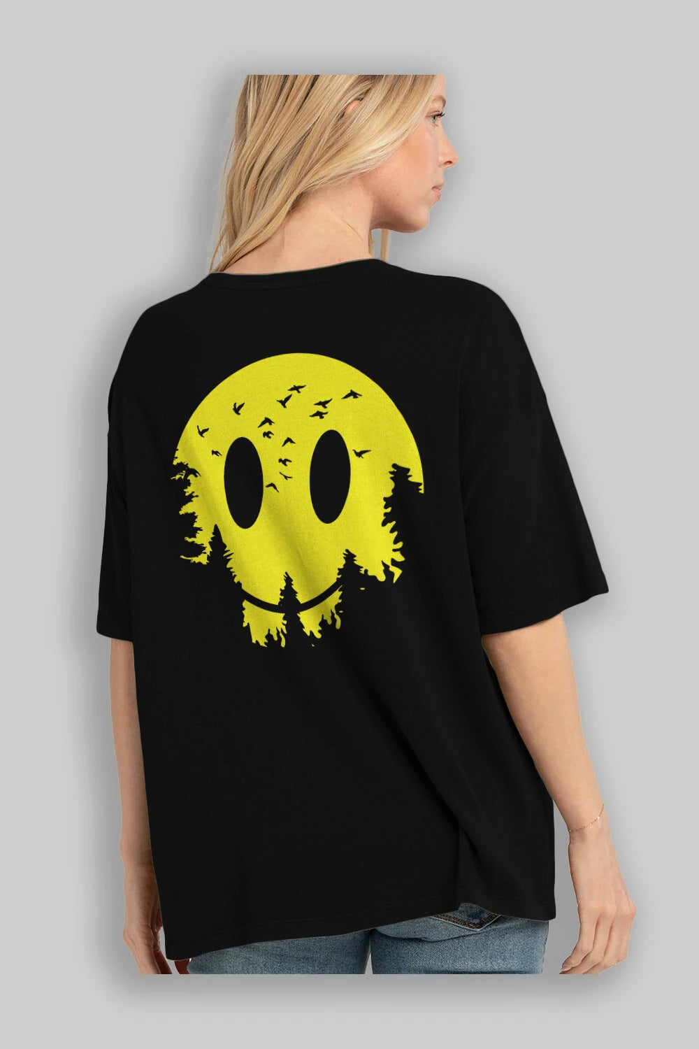 Smiley Moon Arka Baskılı Oversize t-shirt %100 pamuk Erkek Kadın Unisex