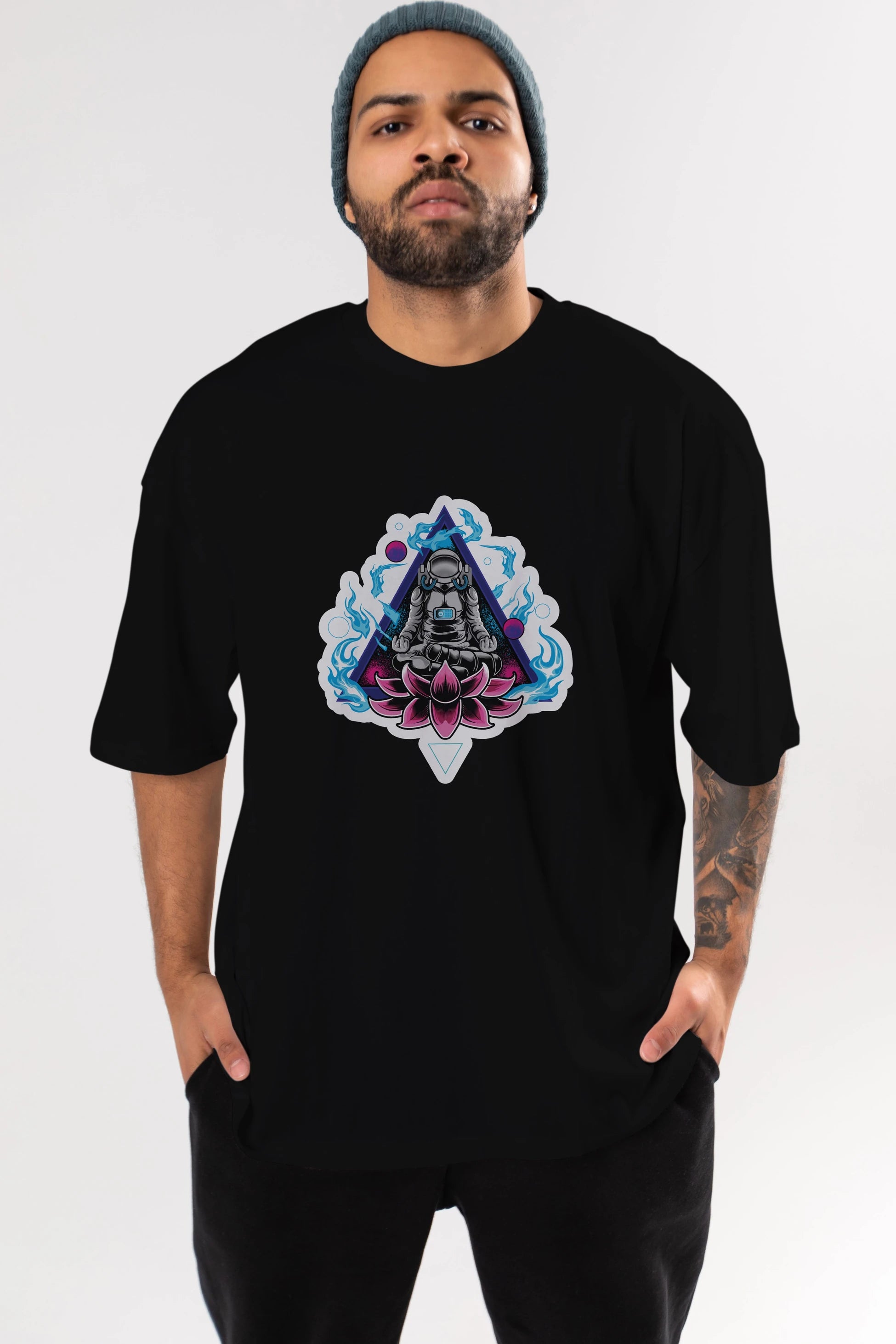 Astronaut Meditation Sticker Ön Baskılı Oversize t-shirt Erkek Kadın Unisex