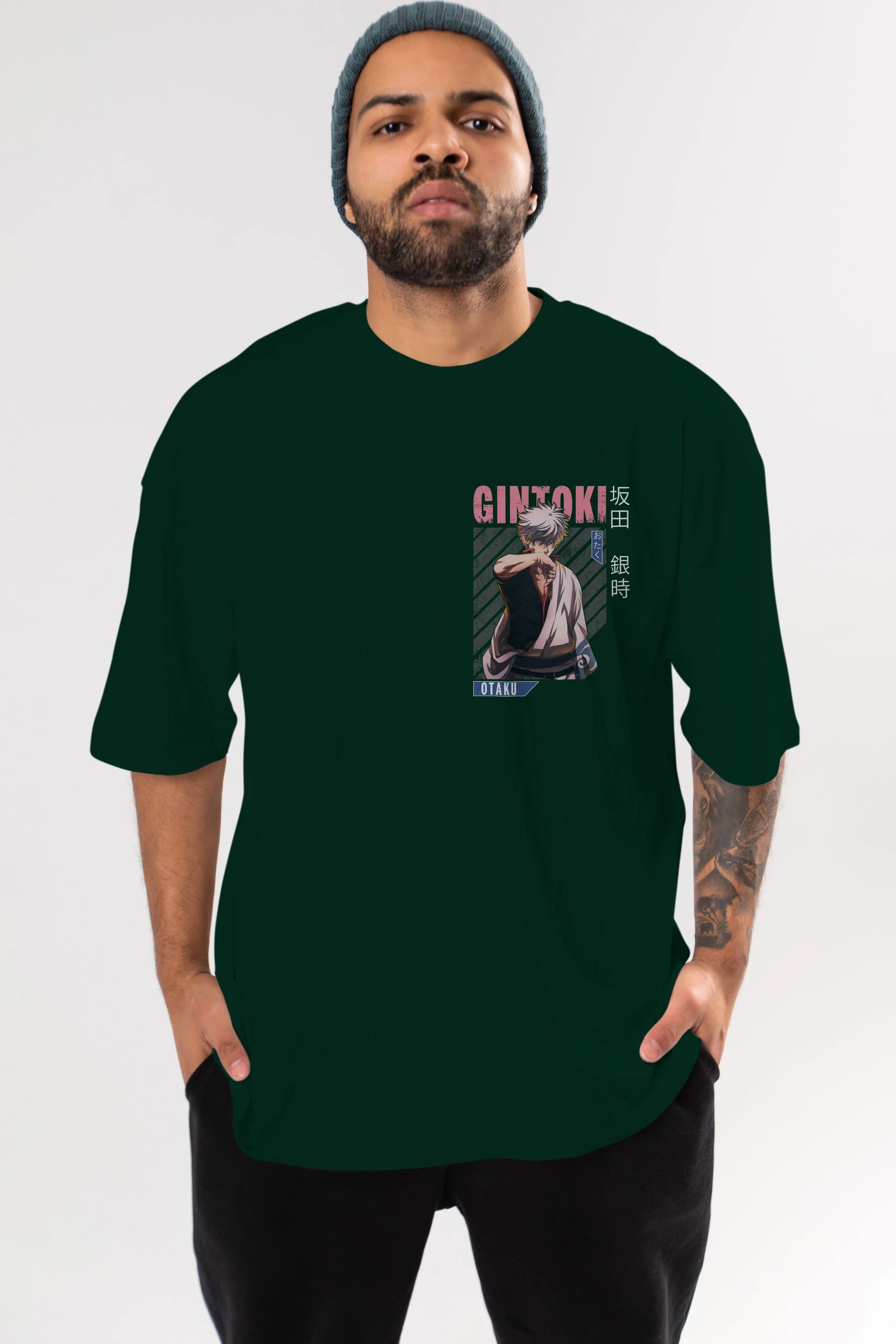 Gintoki Sakata Ön Sol Baskılı Oversize t-shirt Erkek Kadın Unisex %100 Pamuk Bisiklet Yaka tişort
