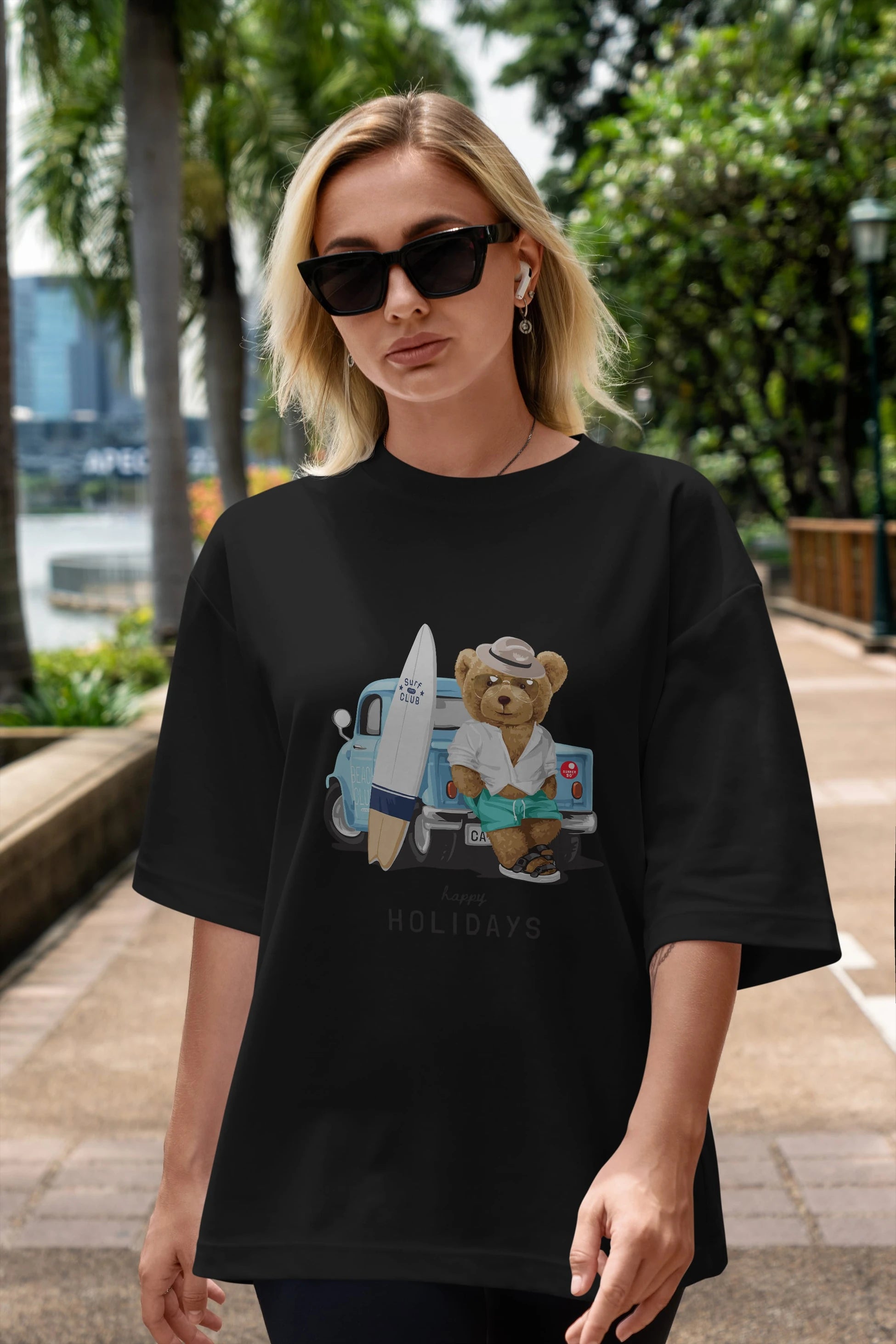 Teddy Bear Surf Club Ön Baskılı Oversize t-shirt Erkek Kadın Unisex %100 Pamuk