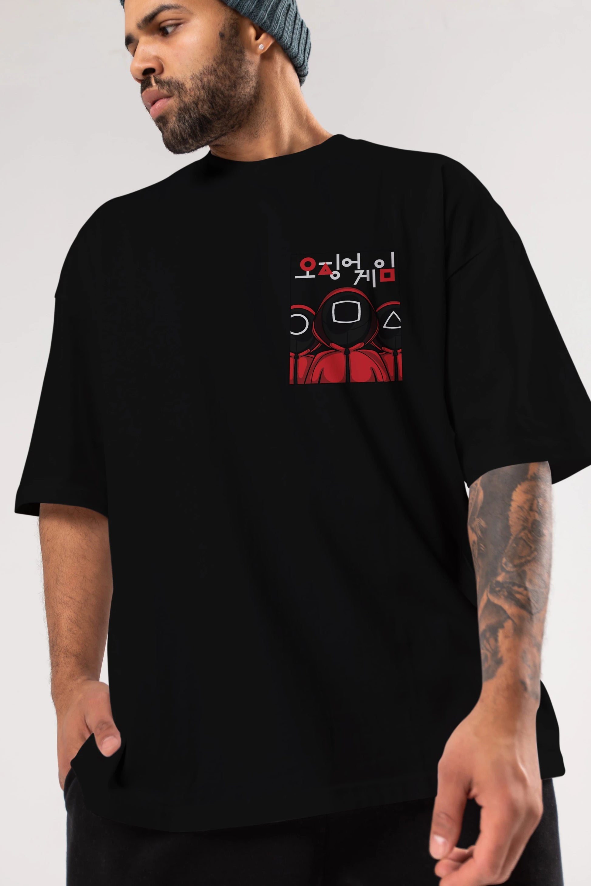 Squid Game (7) Ön Sol Baskılı Oversize t-shirt Erkek Kadın Unisex %100 Pamuk Bisiklet Yaka tişort