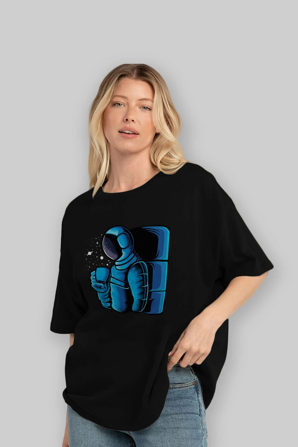 Drinking coffee in space Ön Baskılı Oversize t-shirt Erkek Kadın Unisex