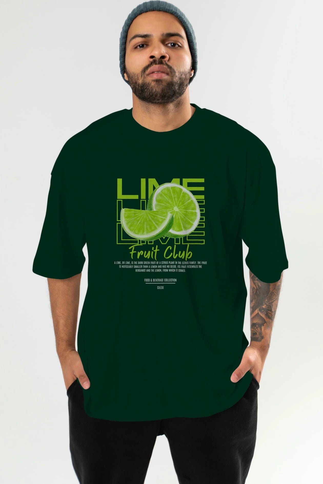 Lime Ön Baskılı Oversize t-shirt Erkek Kadın Pamuk Bisiklet Yaka tişort