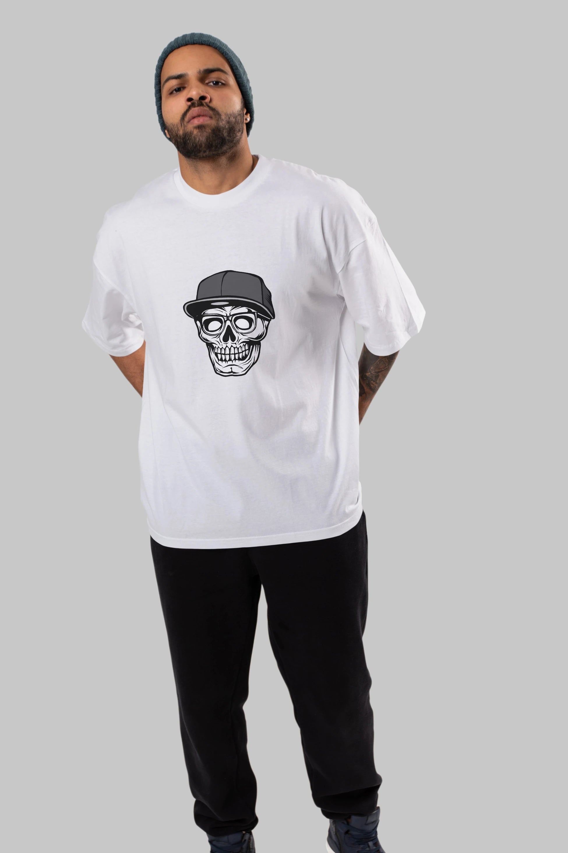Skull With Hat Ön Baskılı Oversize t-shirt Erkek Kadın Unisex %100 Pamuk tişort