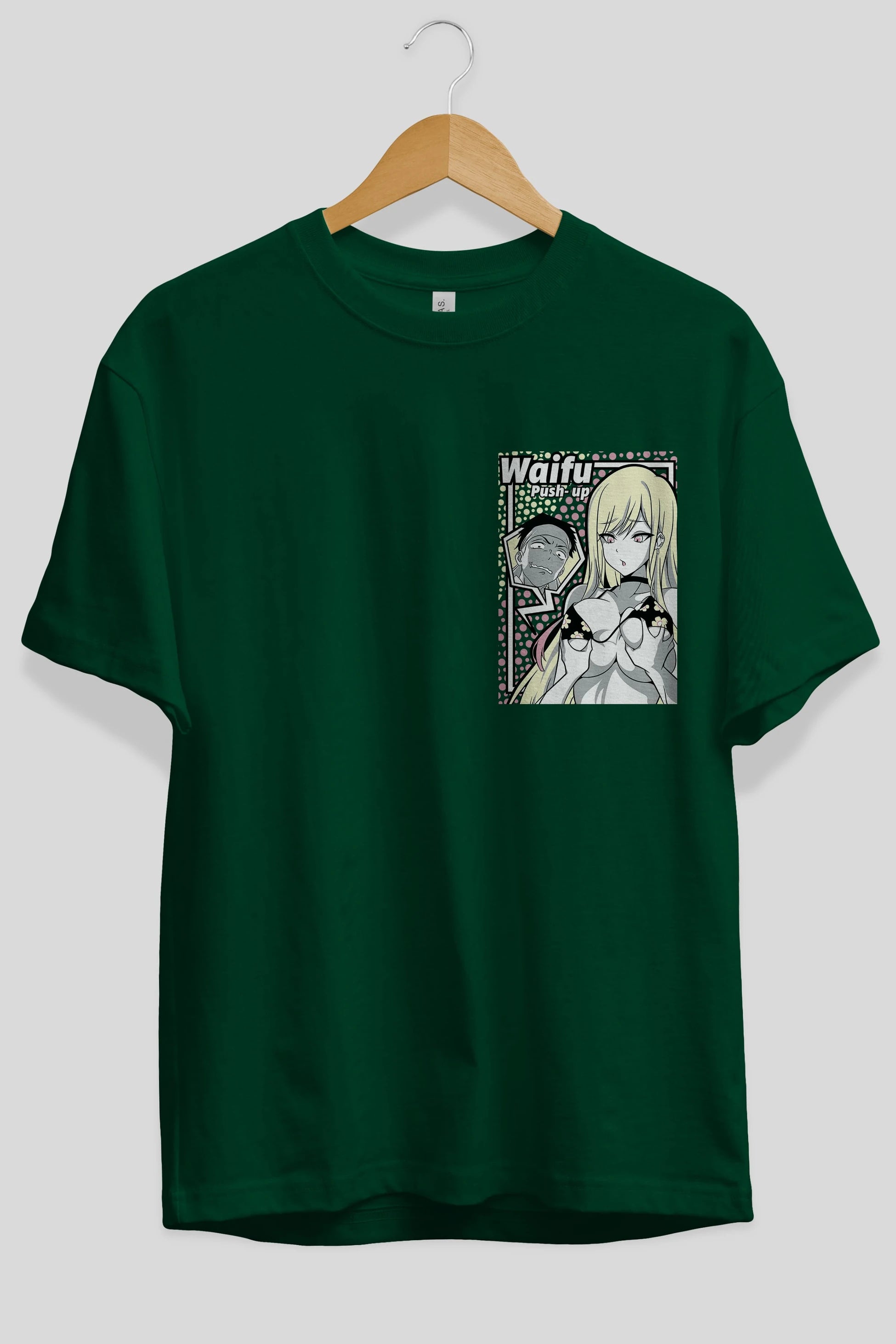 Waifu PushUp Ön Sol Baskılı Oversize t-shirt Erkek Kadın Unisex %100 Pamuk Bisiklet Yaka tişort