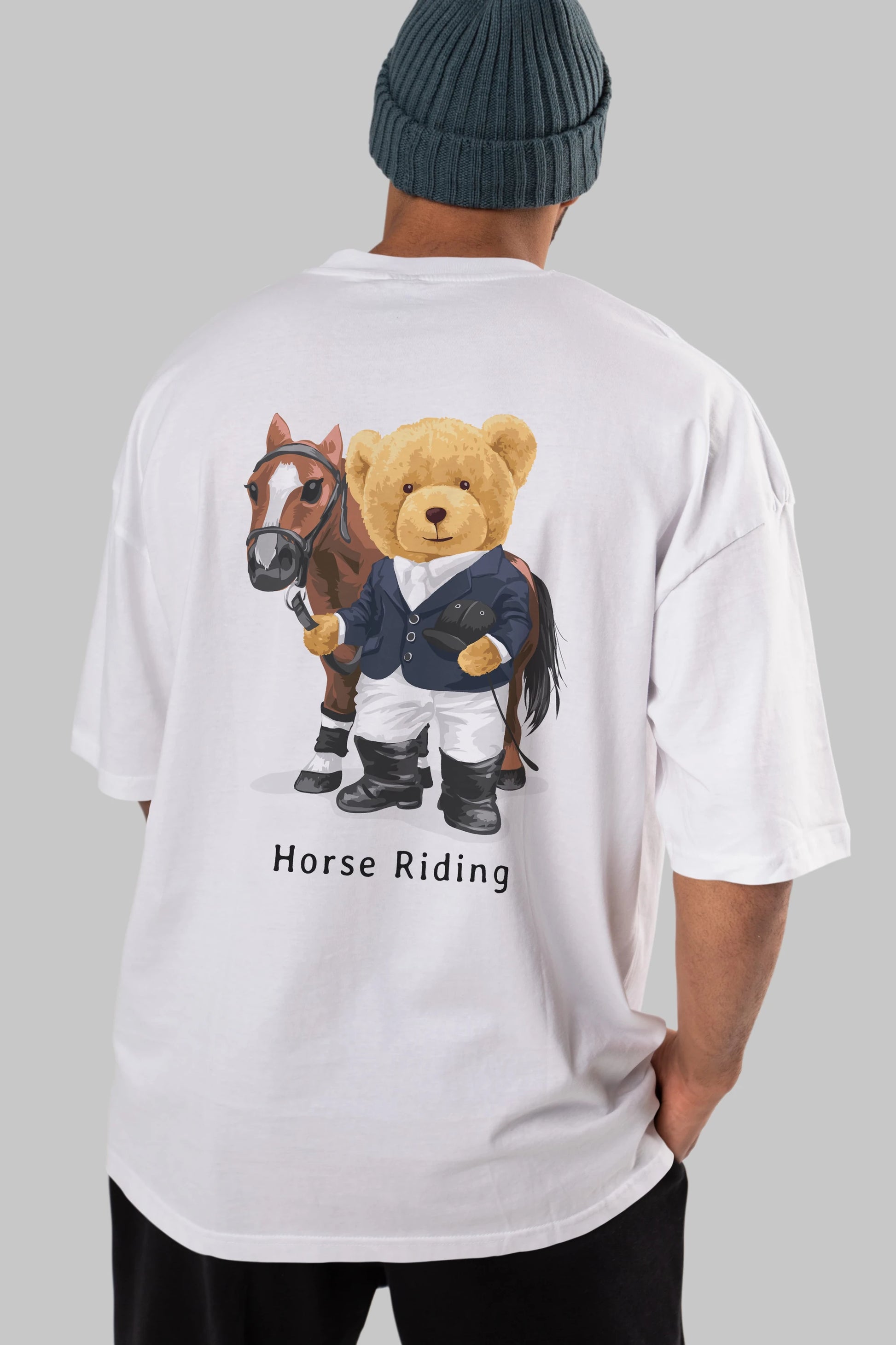 Teddy Bear Horse Riding Arka Baskılı Oversize t-shirt Erkek Kadın Unisex %100 Pamuk