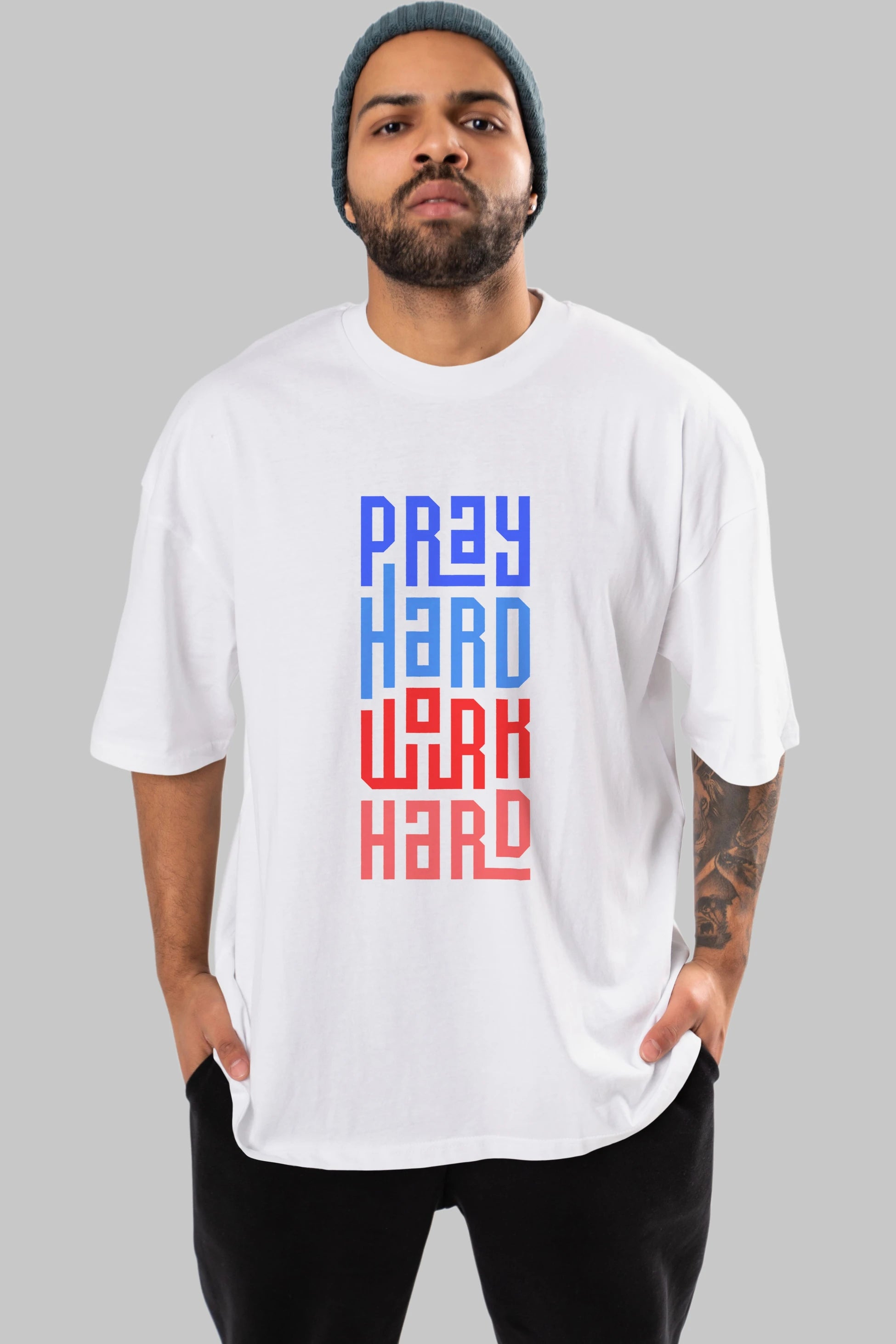 Pray Hard Work Hard Yazılı Ön Baskılı Oversize t-shirt Erkek Kadın Unisex