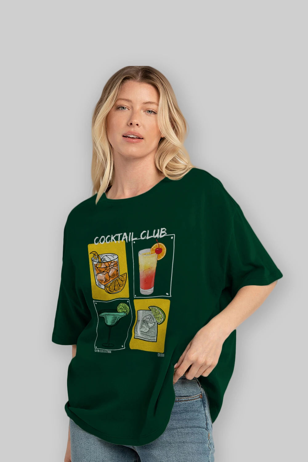 Cocktail Club ön Baskılı Oversize t-shirt Erkek Kadın %100 Pamuk Bisiklet Yaka tişort