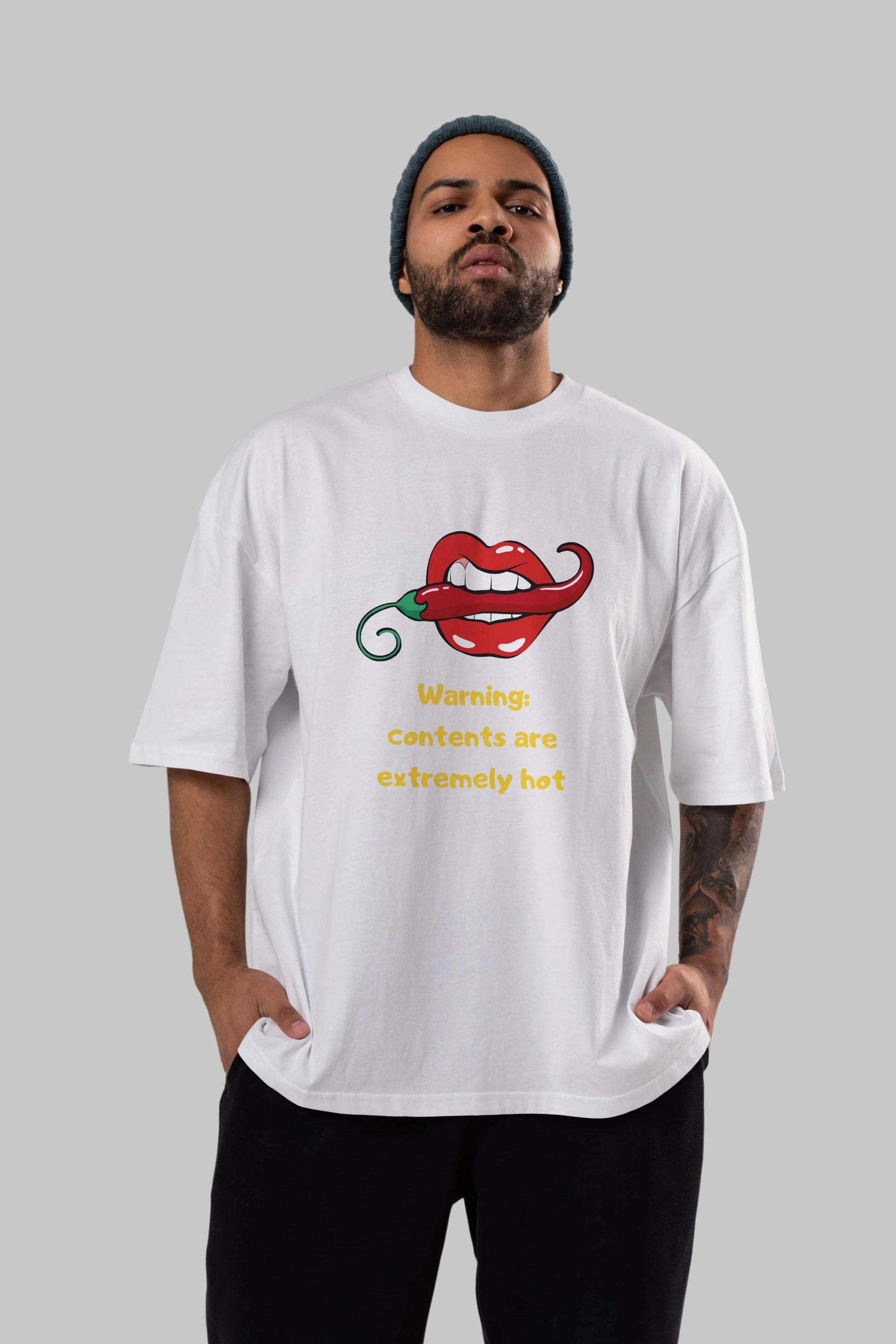 Warning Contents Yazılı Ön Baskılı Oversize t-shirt Erkek Kadın Unisex