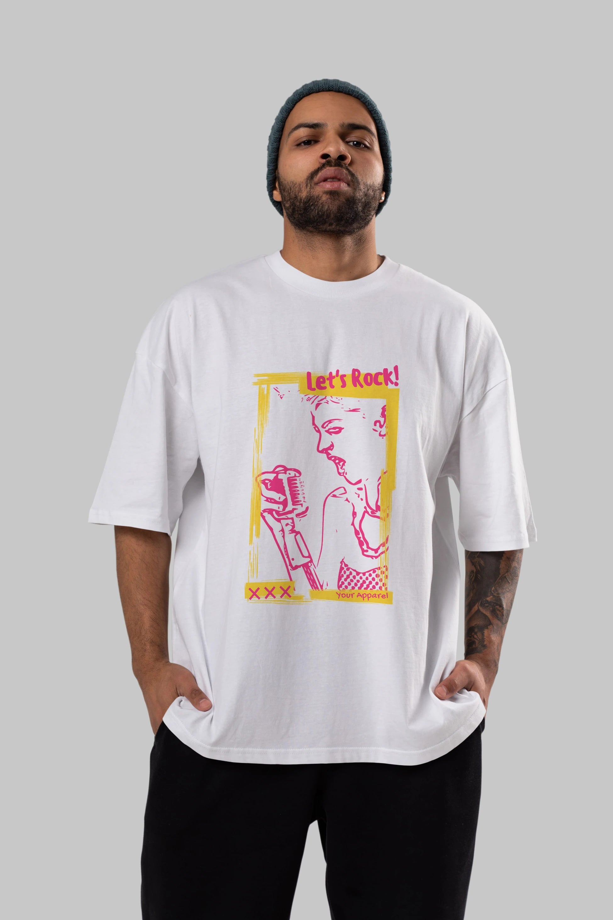 Let's Rock Yazılı Ön Baskılı Oversize t-shirt Erkek Kadın Unisex