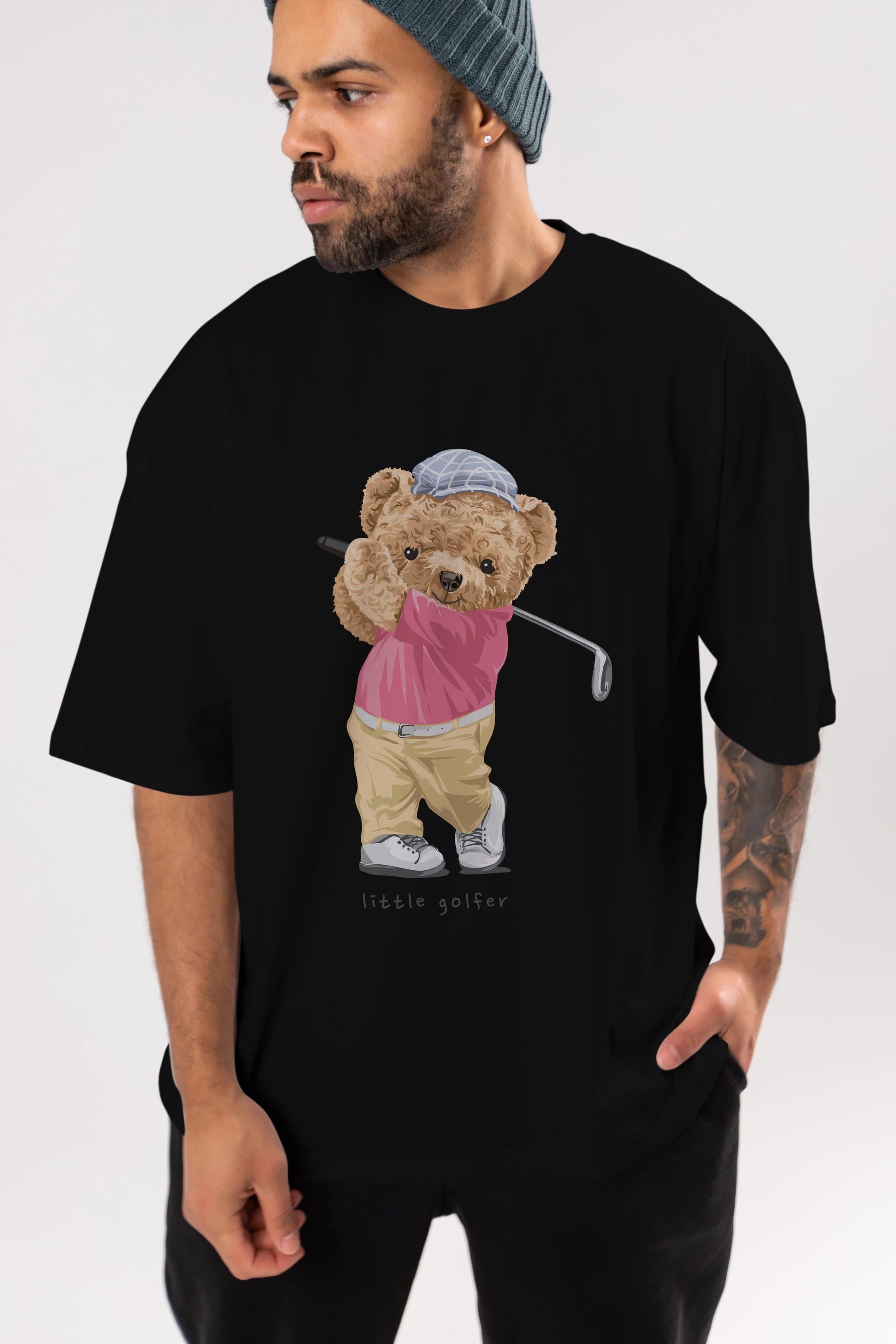 Teddy Bear Little Golfer Ön Baskılı Oversize t-shirt Erkek Kadın Unisex %100 Pamuk