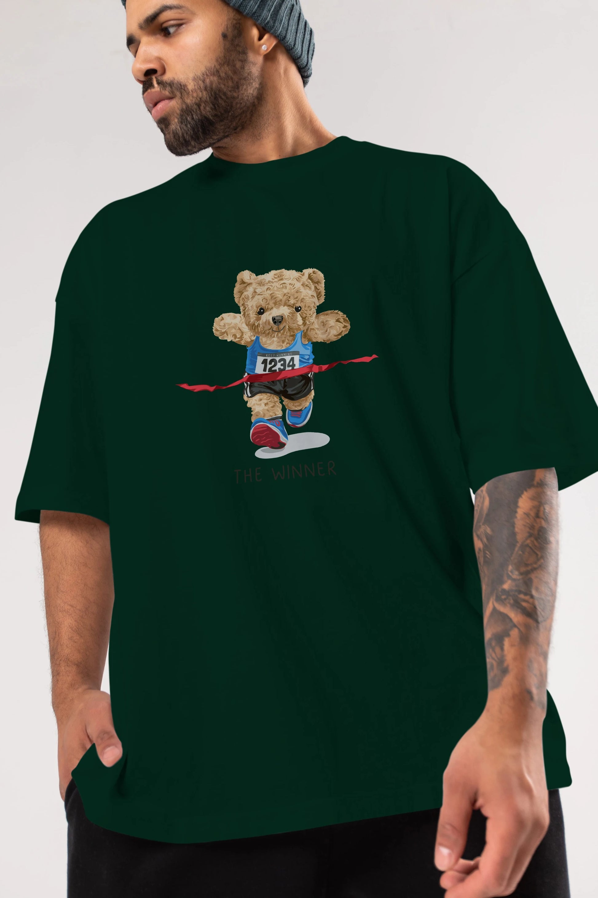 Teddy Bear The Winner Ön Baskılı Oversize t-shirt Erkek Kadın Unisex %100 Pamuk