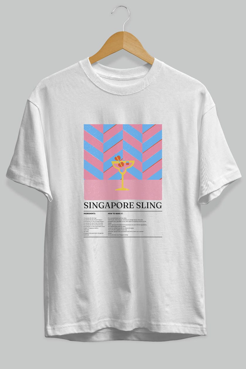 Sıngapore Sling Kokteyl Ön Baskılı Oversize t-shirt Erkek Kadın %100 Pamuk Bisiklet Yaka tişort
