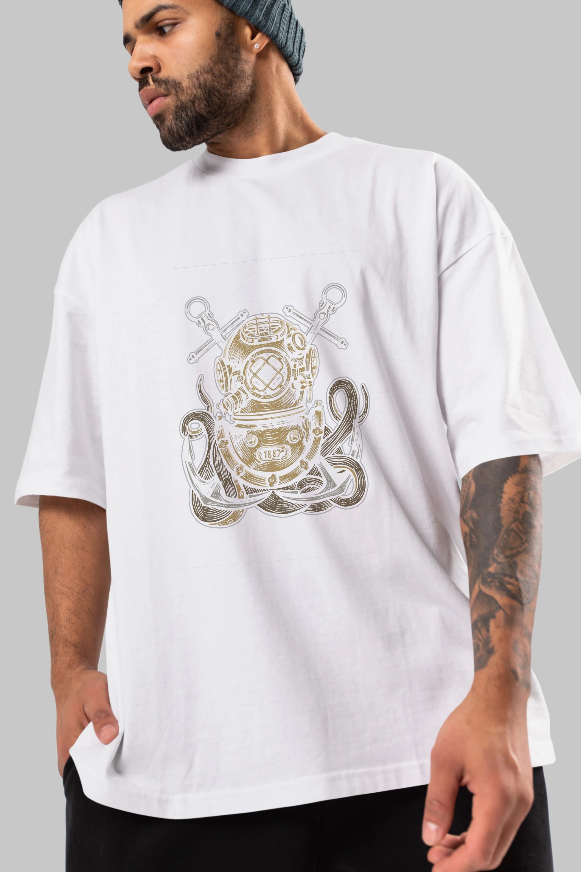Diver Octopus Ön Baskılı Oversize t-shirt Erkek Kadın Unisex %100 Pamuk tişort