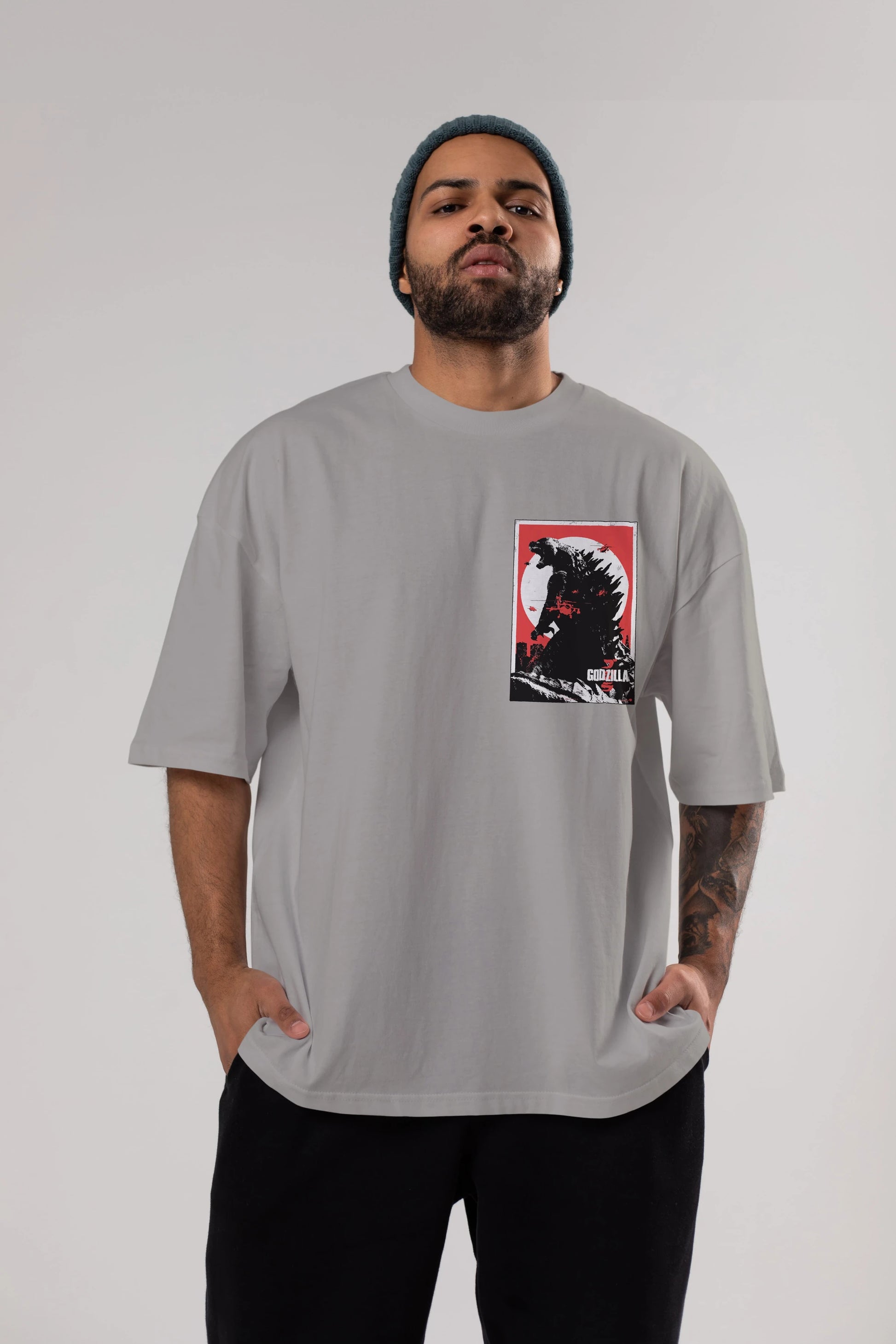 Godzilla (2) Ön Sol Baskılı Oversize t-shirt Erkek Kadın Unisex %100 Pamuk Bisiklet Yaka tişort