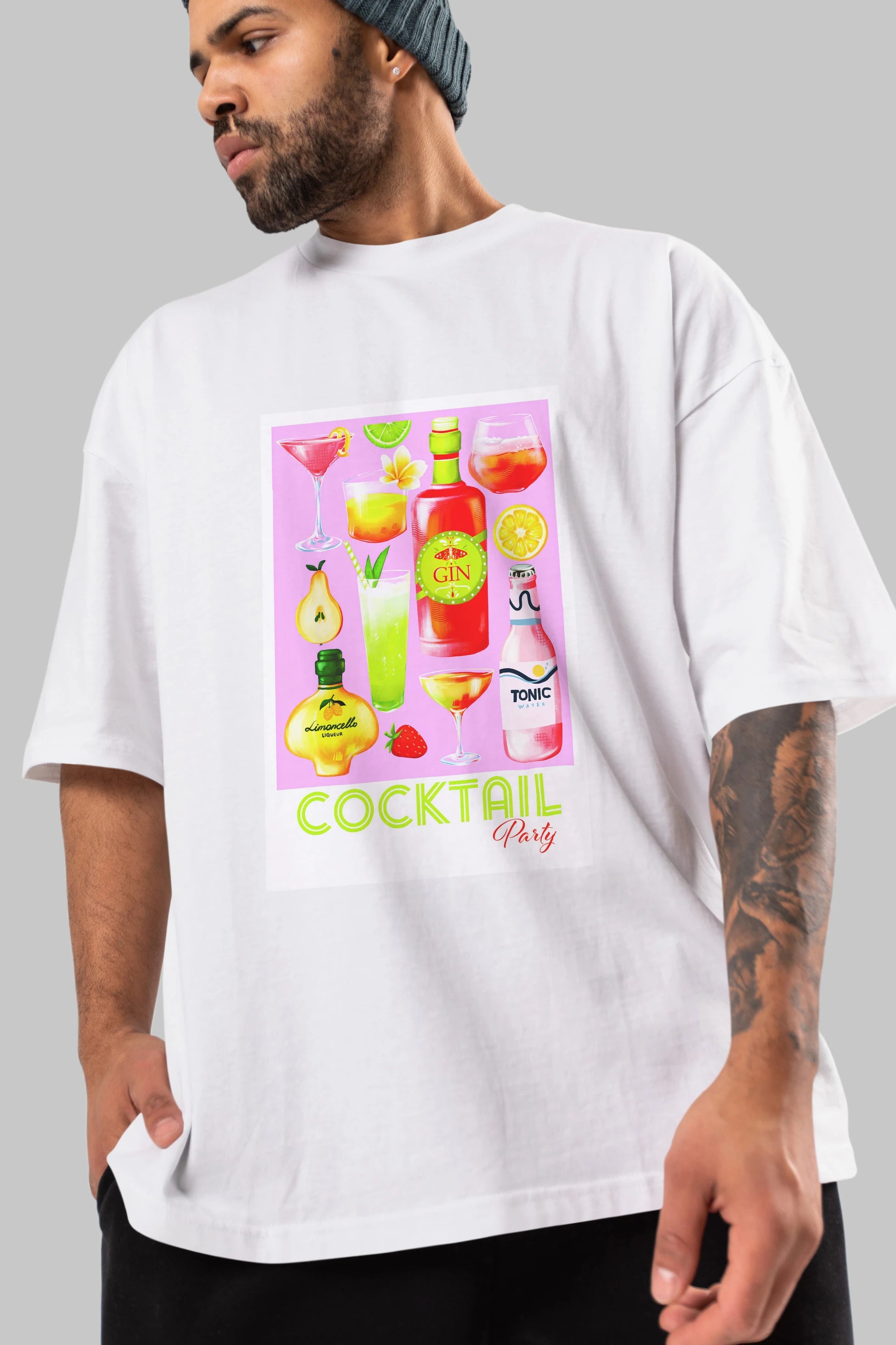 Cocktail Party Ön Baskılı Oversize t-shirt Erkek Kadın Unisex %100 Pamuk Bisiklet Yaka tişort