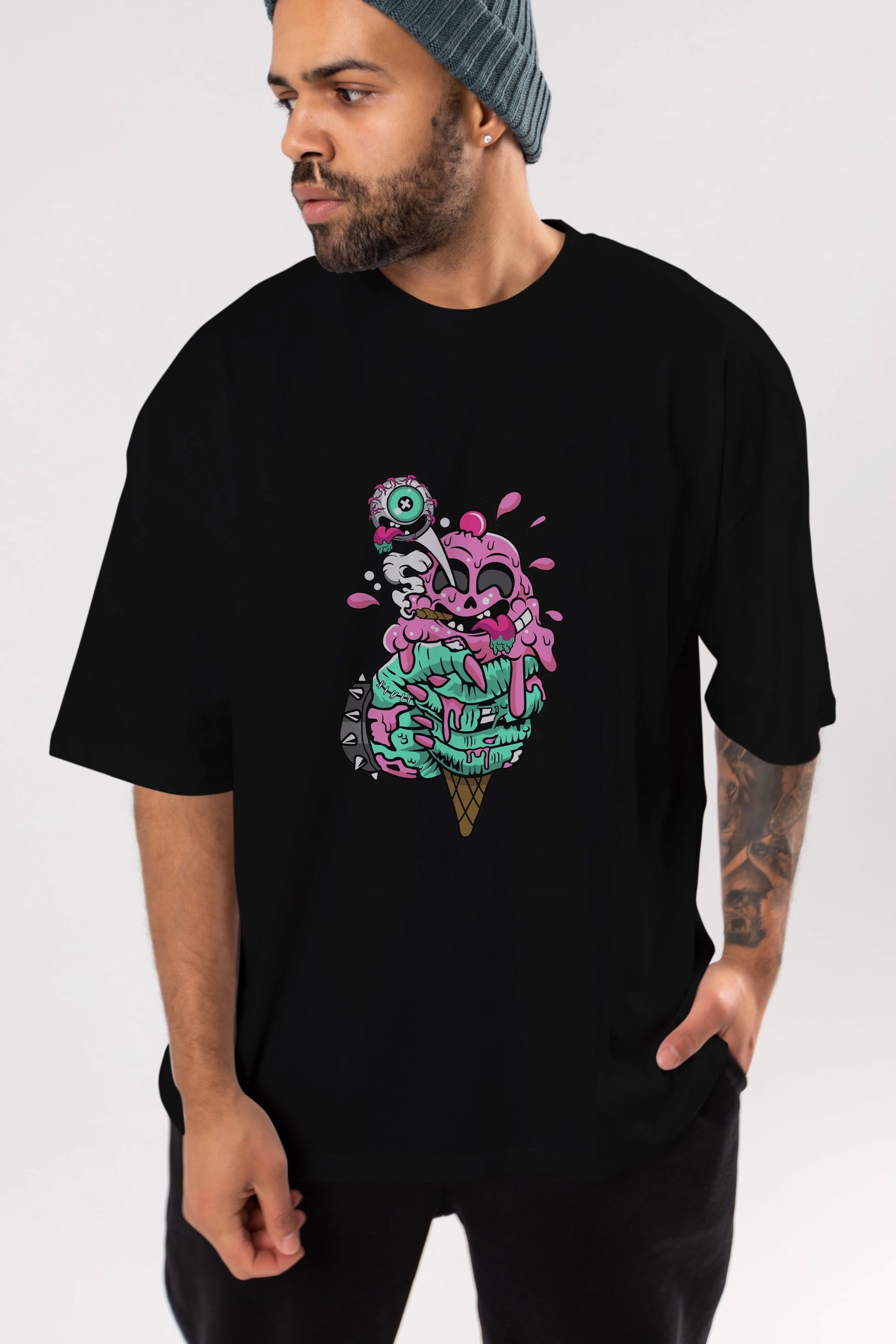 Ice Cream Zombie Ön Baskılı Oversize t-shirt Erkek Kadın Unisex %100 Pamuk tişort