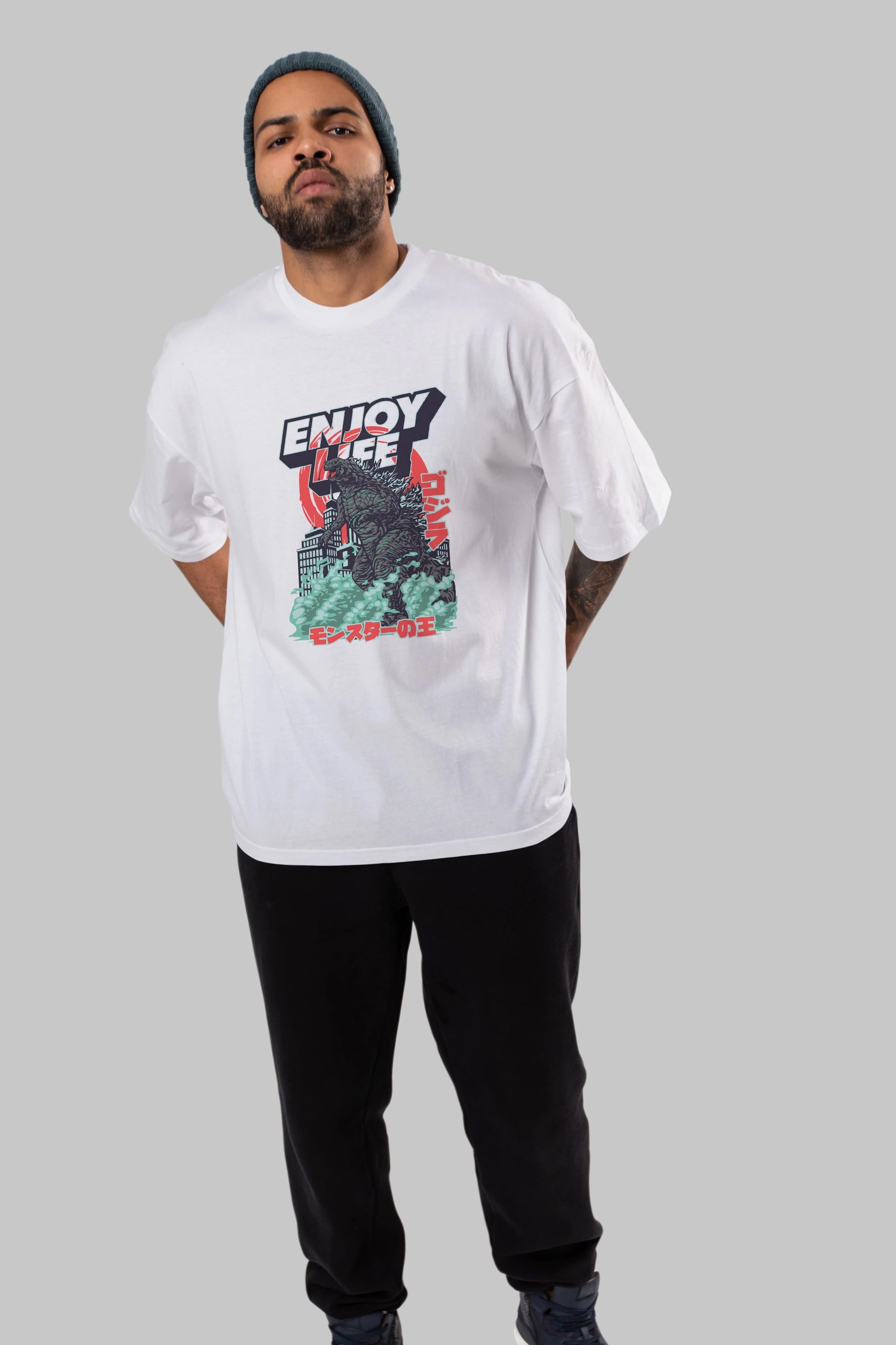Godzilla Ön Baskılı Oversize t-shirt Erkek Kadın Unisex %100 Pamuk Bisiklet Yaka tişort
