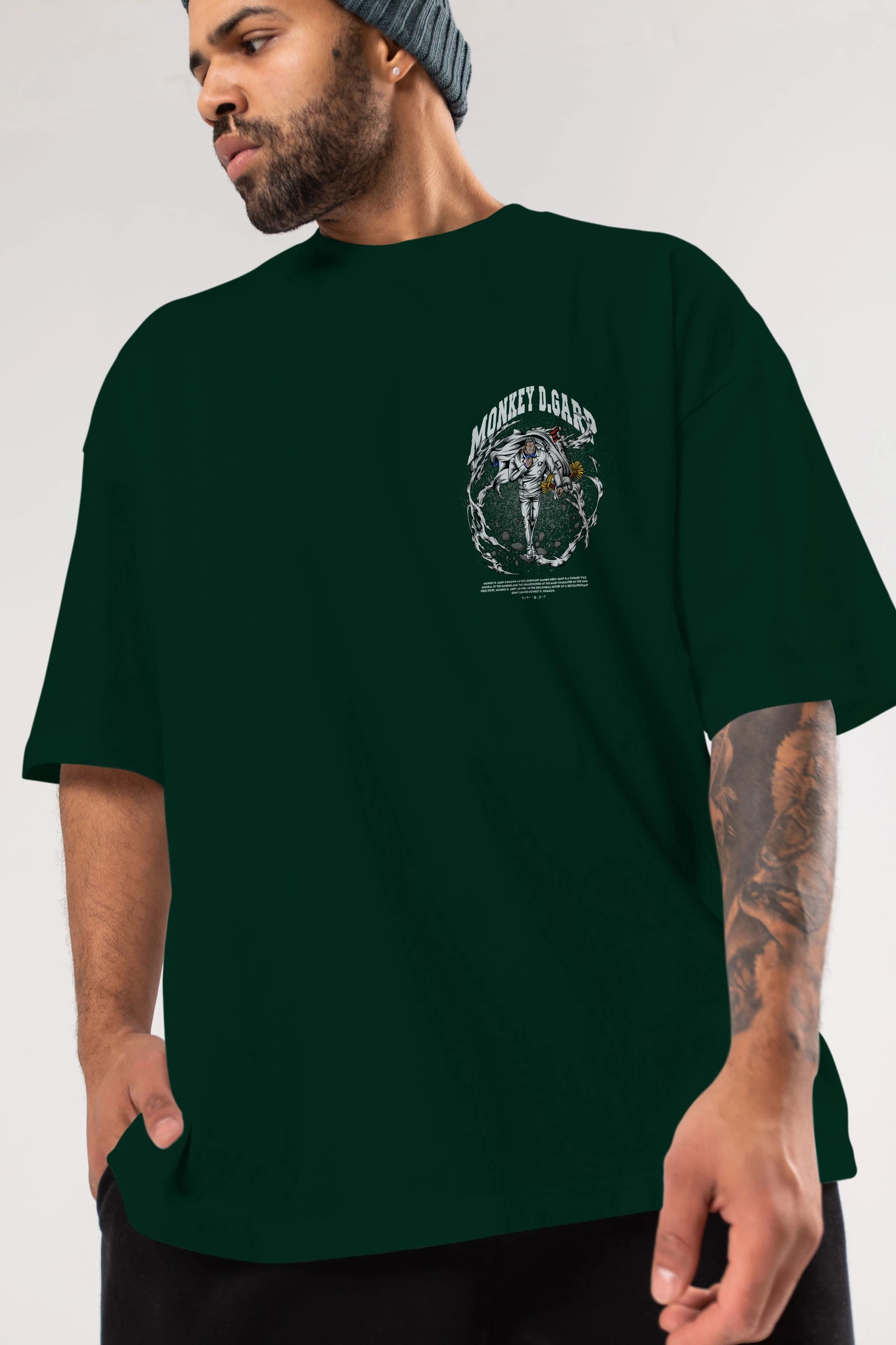 Monkey D. Garp Ön Sol Baskılı Oversize t-shirt Erkek Kadın Unisex %100 Pamuk Bisiklet Yaka tişort