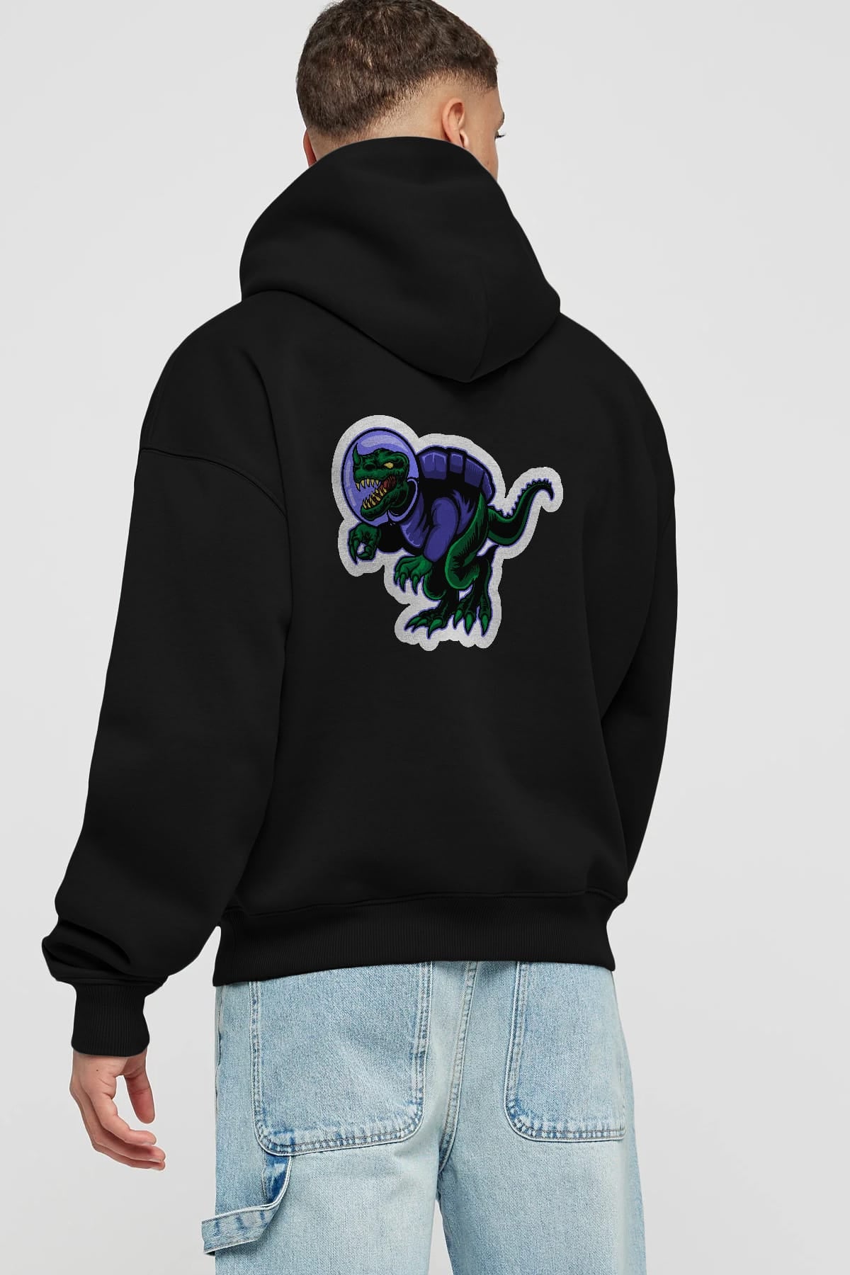 Space Dino Sticker Arka Baskılı Hoodie Oversize Kapüşonlu Sweatshirt Erkek Kadın Unisex