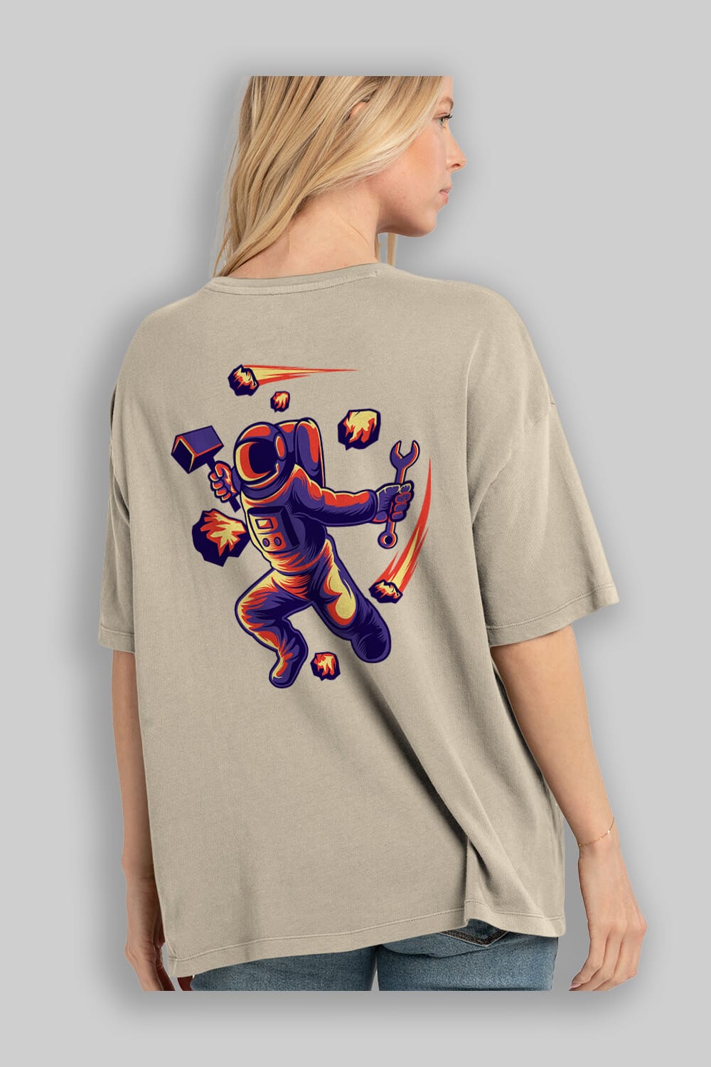 Astronaut Block Meteor Arka Baskılı Oversize t-shirt Erkek Kadın Unisex