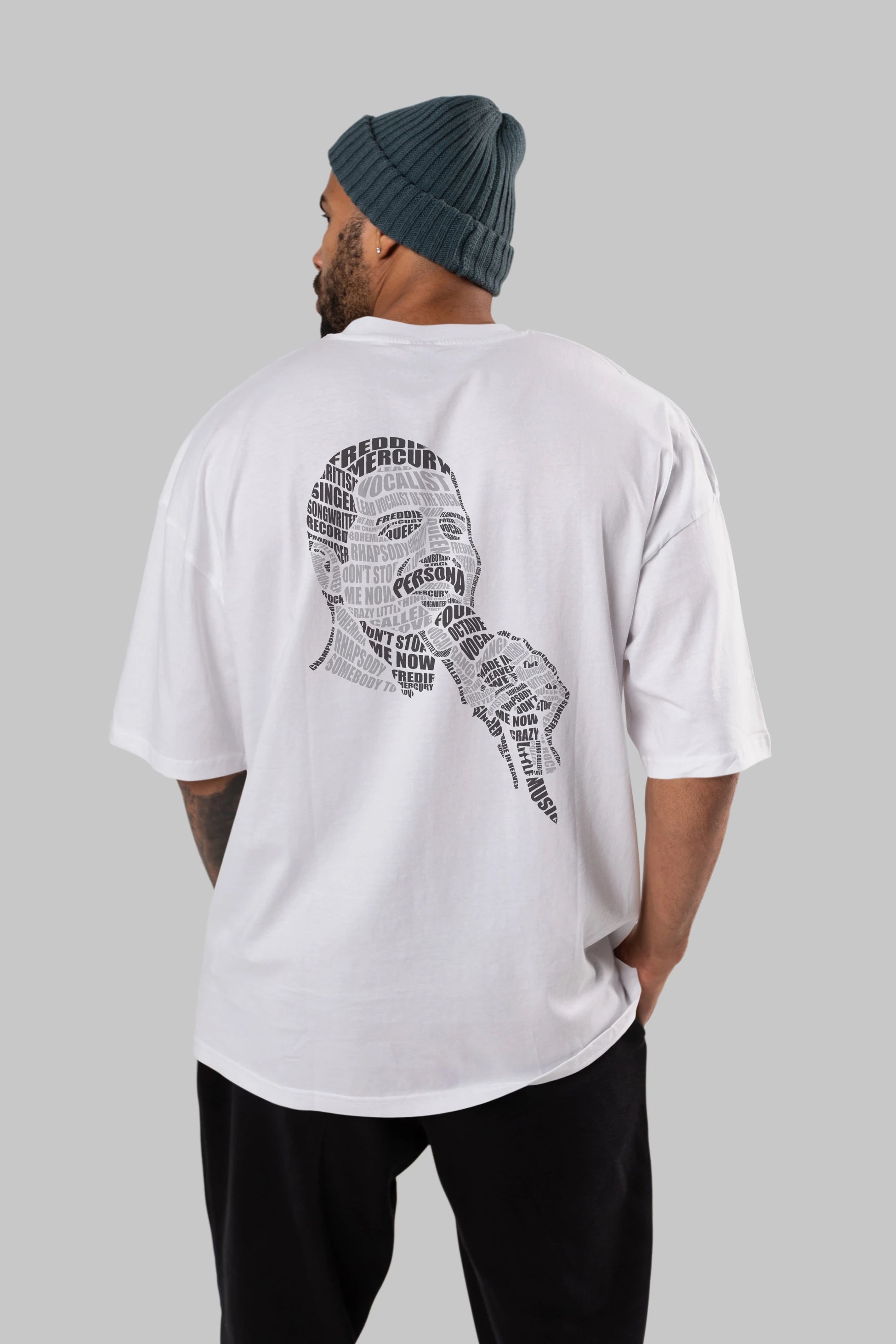 Freddy Mercuri Calligram Arka Baskılı Oversize t-shirt %100 pamuk Erkek Kadın Unisex